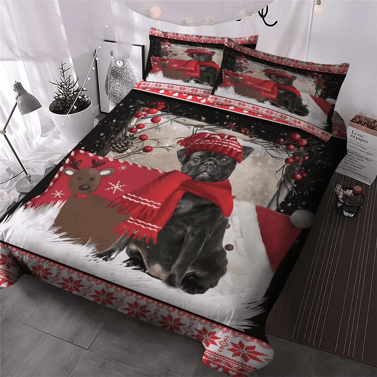 Personalized 3-piece Duvet Cover Bedding Set Pug King Size Bedding Set, Black Pug Dog Art Christmas Red Wool Bedding Set, Gifts for Pug