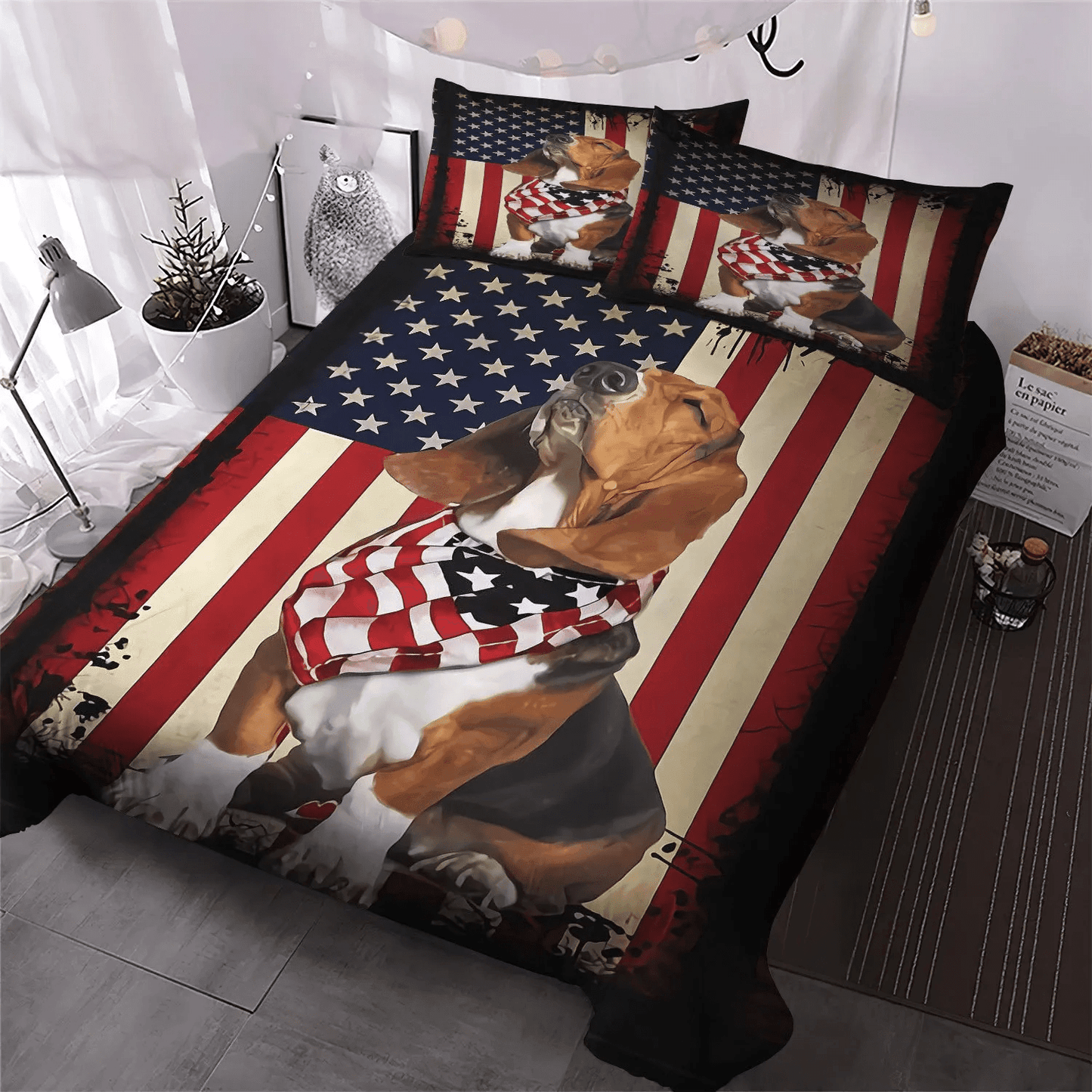 Basset Hound Soft Duvet Cover Set, Dog Basset Hound White Queen Size Bedding Set, Basset Hound Area Bedding Set, Gifts for Basset Hound