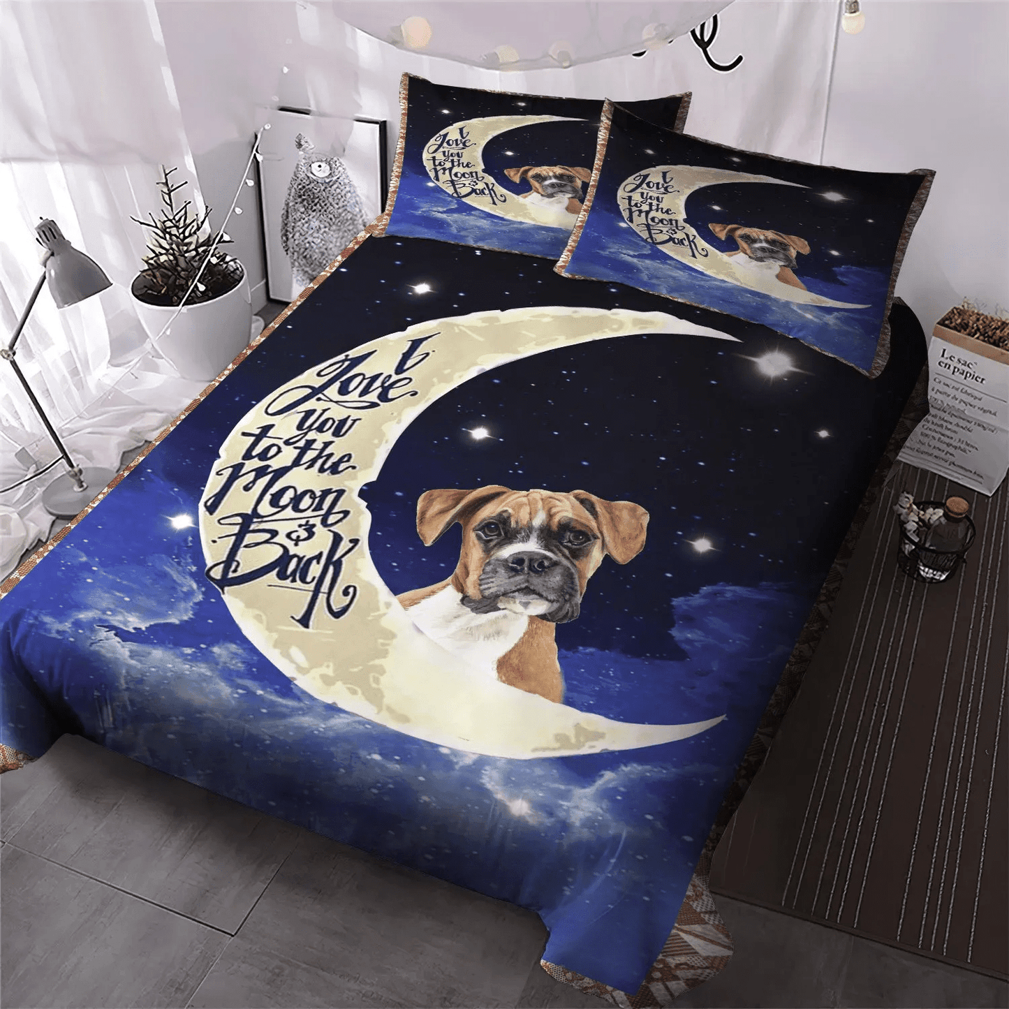 Cute Sleeping Chibi Dog Queen Size Bedding Set, Boxer Soft Duvet Cover Set, Boxer Dog Bedding Set, Gifts for Dog