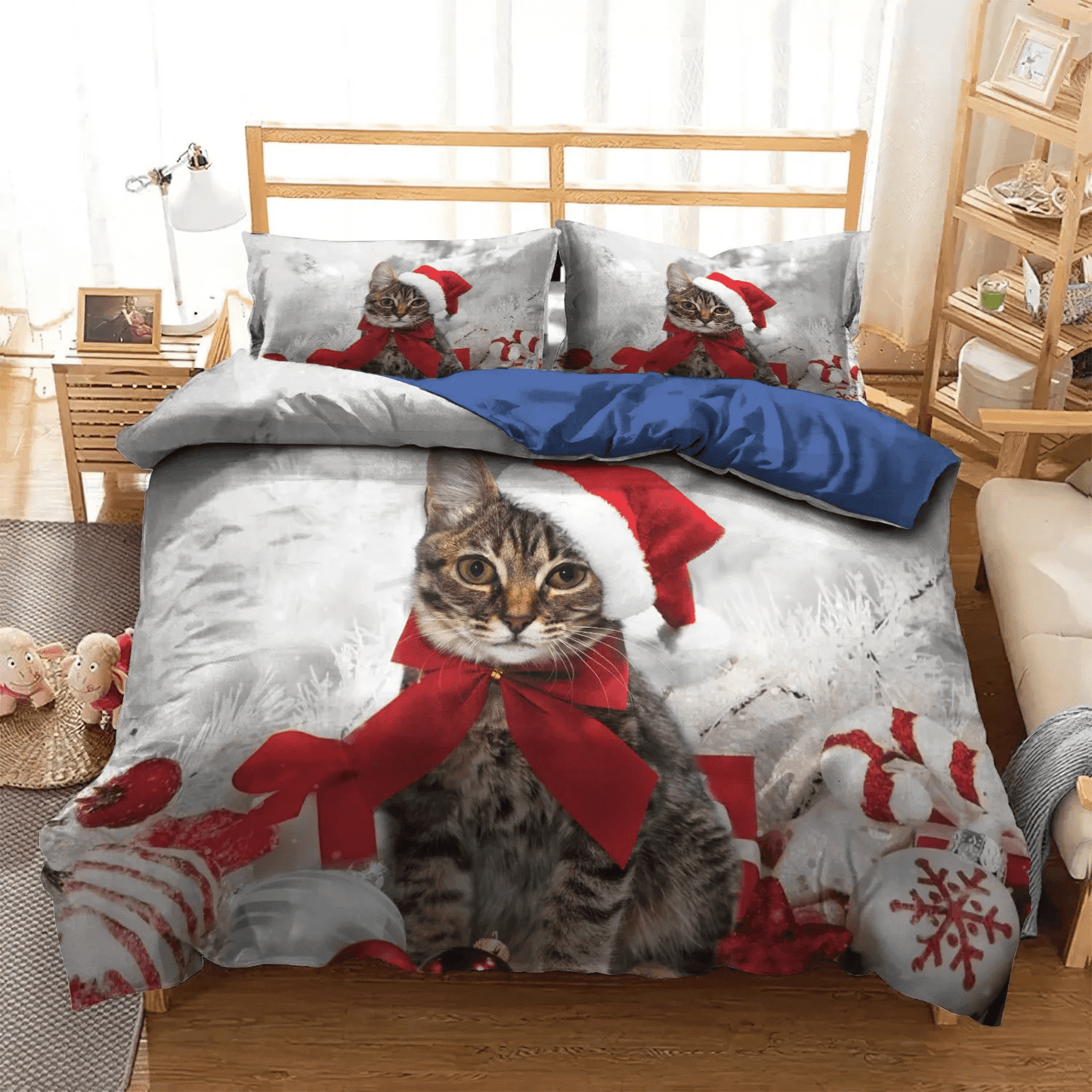 Christmas King Size Bedding Set, Cat Tracks Soft Duvet Cover Set, Christmas Theme Christmas Cat DKN Bedding Set, Gifts for Cat