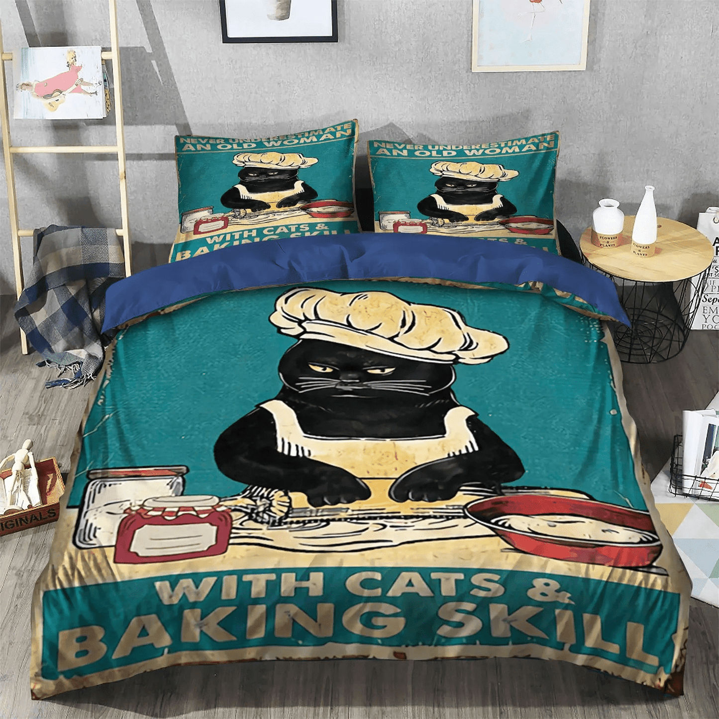 Cat Paw King Size Bedding Set, Baking Girl Bedding set, Cat Tracks Soft Duvet Cover Set, Cats And Baking And Doormat Bedding Set, Gifts for Baking