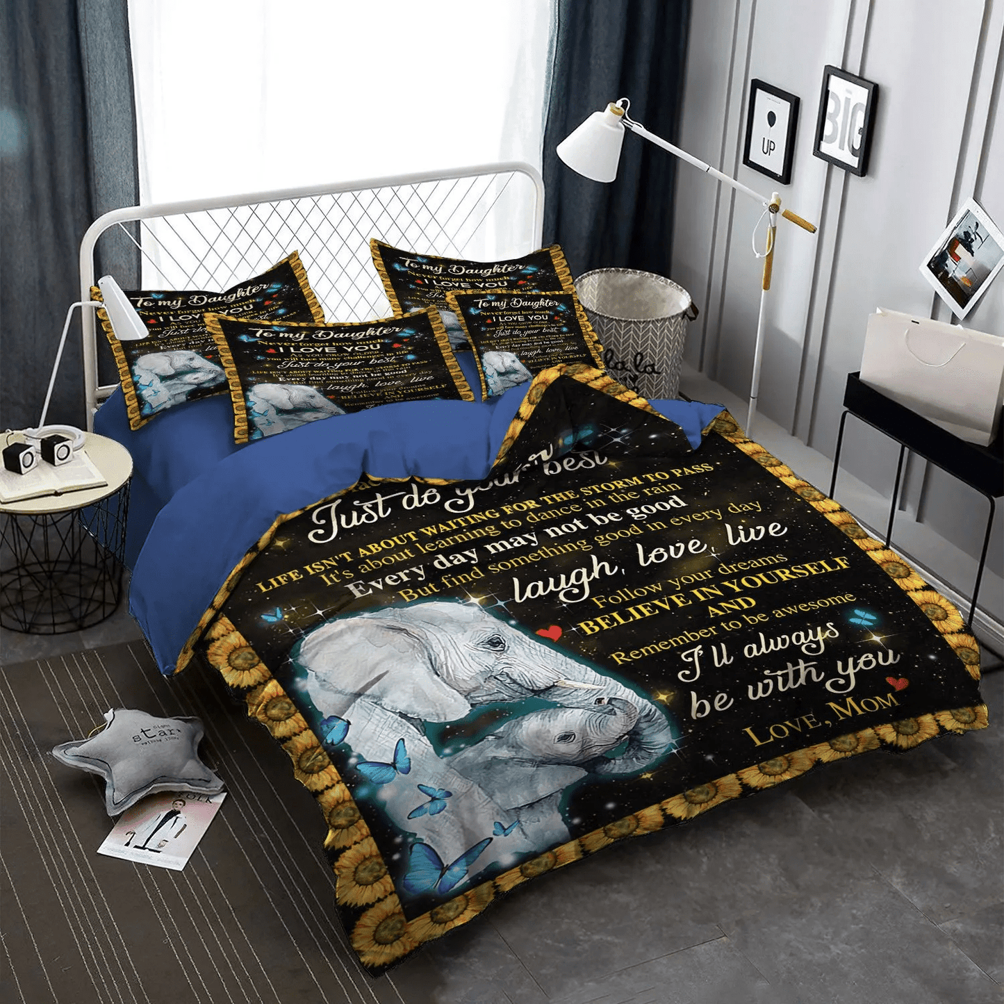Daughters Bedding set, Mother Of Cats Soft Duvet Cover Set, Sunflower Elephant To My Daughter Love Mom Bedding Set, Gifts for Daughter