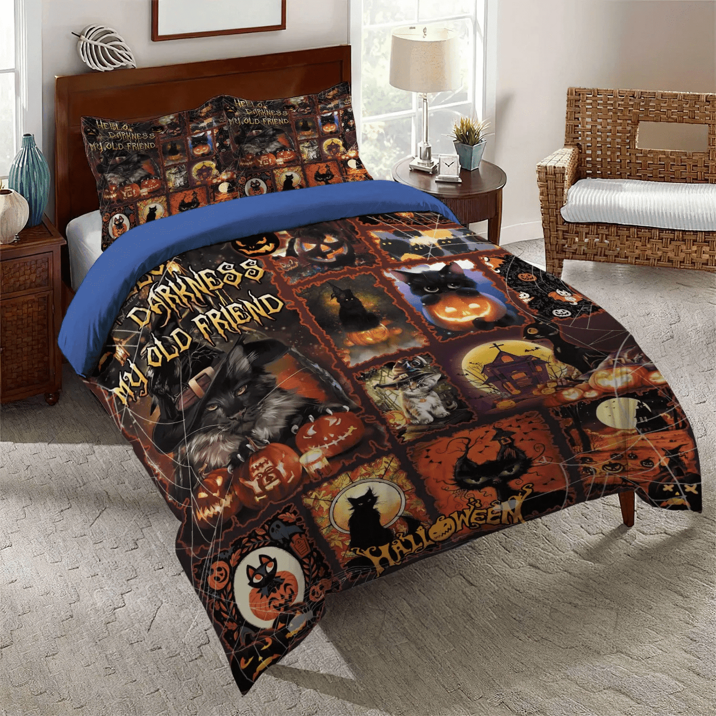 Happy Black Cat Bedding set, Halloween Pumpkin Soft Duvet Cover Set, Black Cat Halloween Bedding Set, Gifts for Black Cat