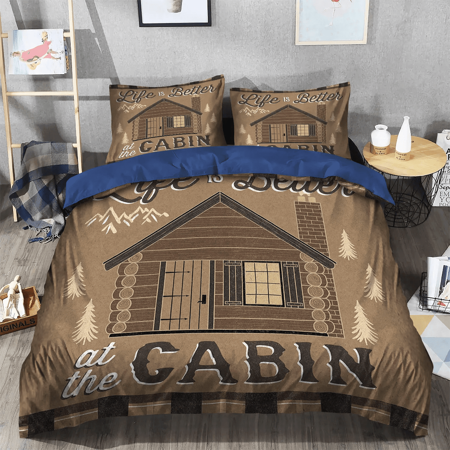 Cabin Queen Size Bedding Set, Blue Cat Lodge Bedding set, Lodge Soft Duvet Cover Set, Cabin Lodge Bedding Set, Gifts for cabin