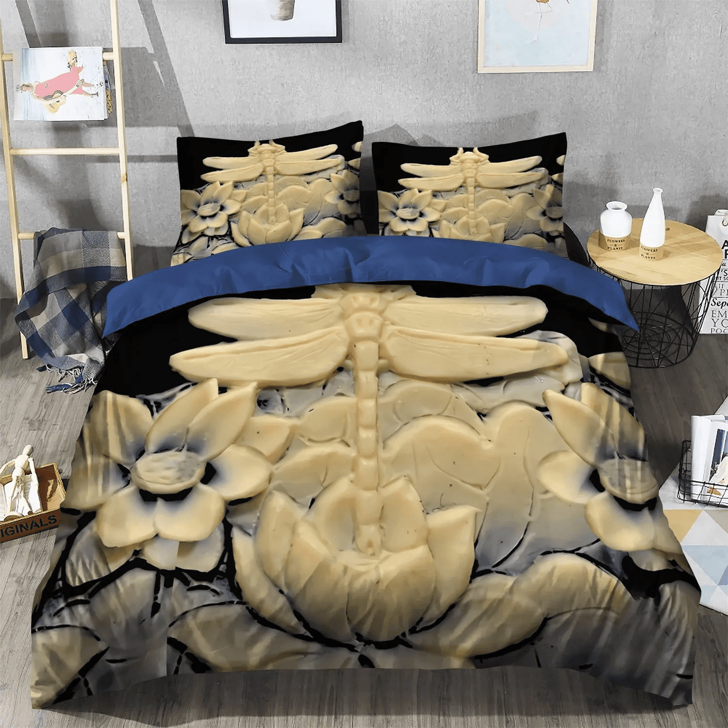 Personalized 3-piece Duvet Cover Bedding Set Dragonfly King Size Bedding Set, Yoga Lotus Queen Size Bedding Set, Dragonfly And Lotus Bedding Set, Gifts for Lotus