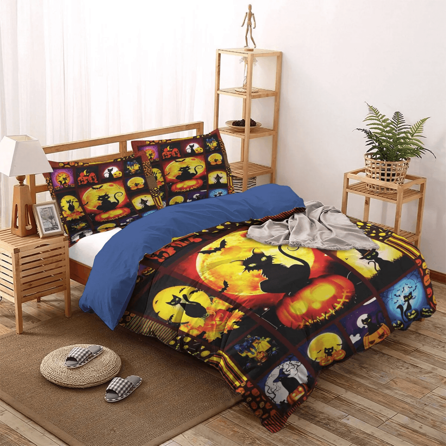 Halloween Black Cat Spiral Bedding set, Halloween Party Soft Duvet Cover Set, Halloween Black Cats And Pumpkins Bedding Set, Gifts for Black Cat