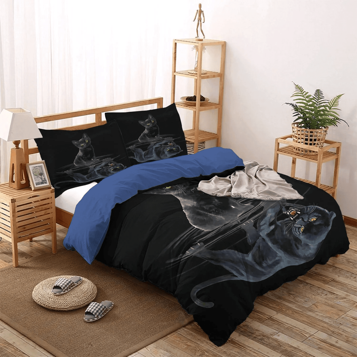 Black Cat Nsn Transparent Soft Duvet Cover Set, Black Cat Panther Mirror Reflection Bedding Set, Gifts for Panther
