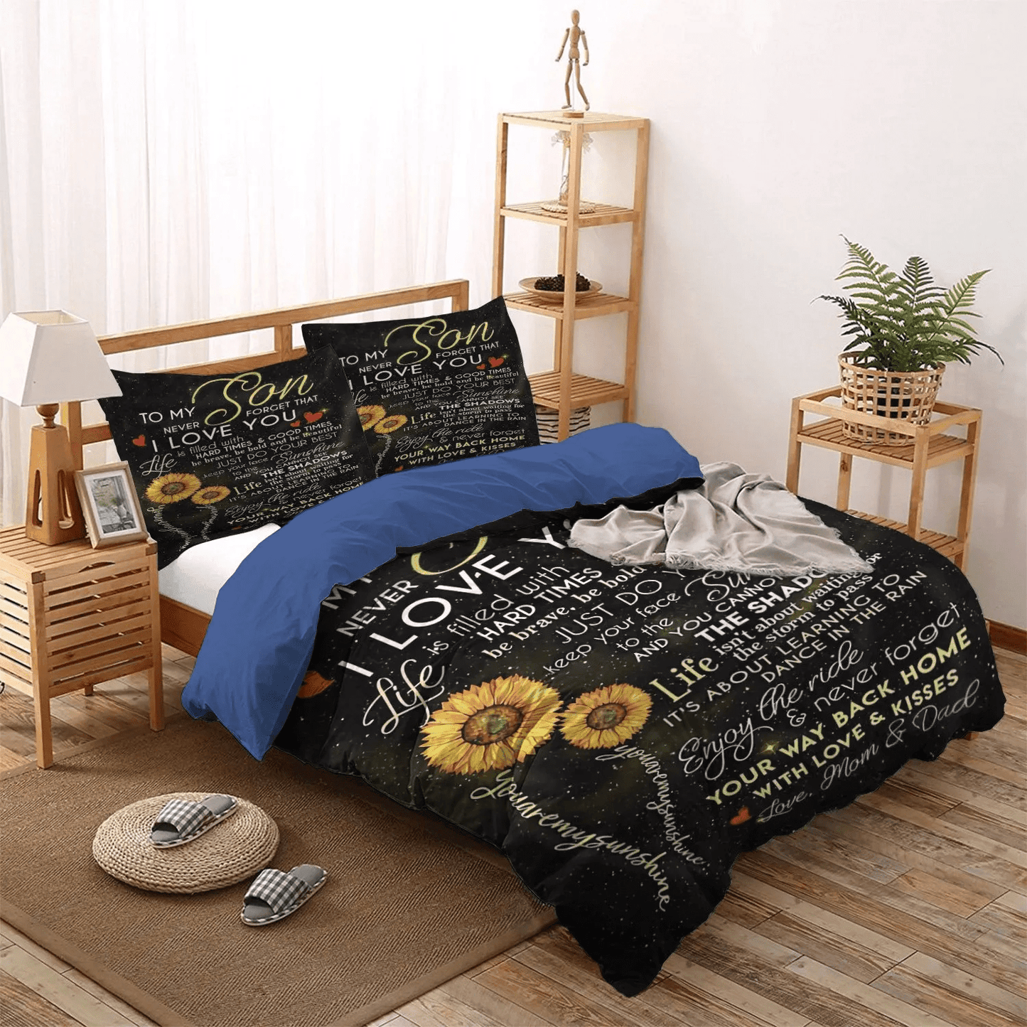 Son Soft Duvet Cover Set, Flowers King Size Bedding Set, Sunflower To My Son Love Mom And Dad You Are My Sunshine Bedding Set, Gifts for Father