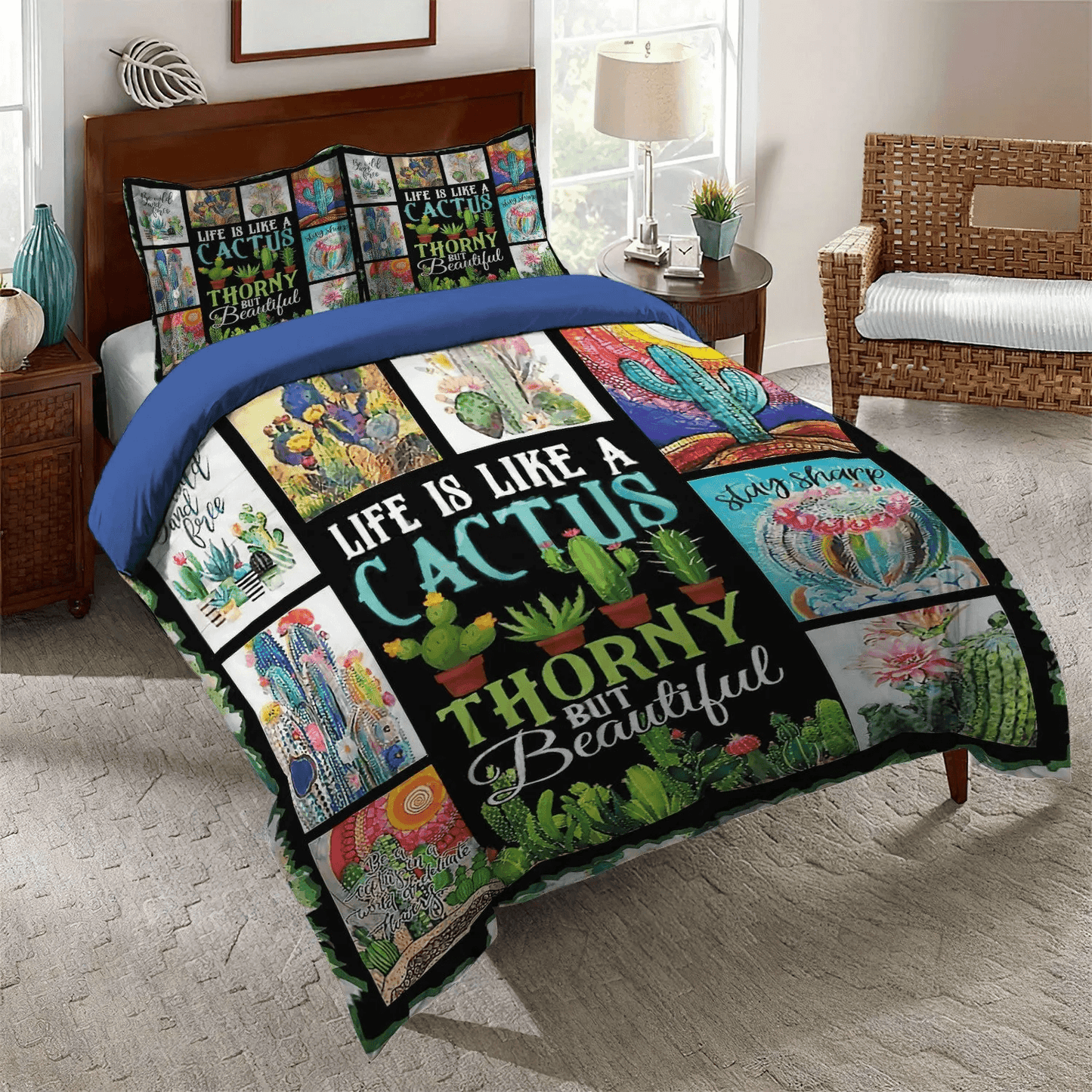 Catcus Funny Cat King Size Bedding Set, Cactus Pun Soft Duvet Cover Set, Cactus Bedding set, Life Is Like A Cactus Bedding Set, Gifts for Cactus