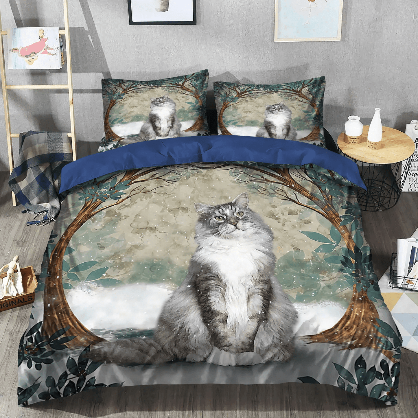 Circles Queen Size Bedding Set, Tree Soft Duvet Cover Set, Trees Bedding set, Maine Coon Cat And Circle Tree Bedding Set, Gifts for Maine Coon Cat