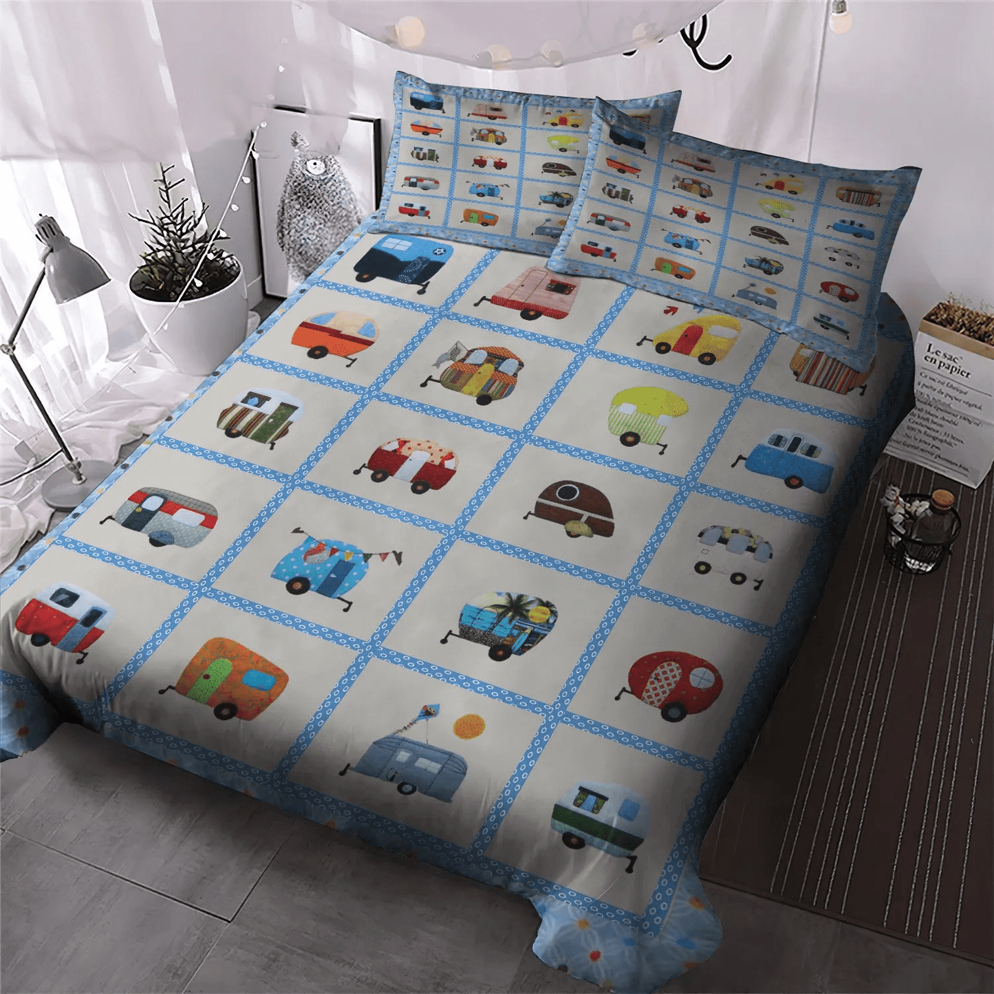 Camping King Size Bedding Set, Family Camping Soft Duvet Cover Set, Retro Caravan Camping Car Bedding Set, Gifts for Camping