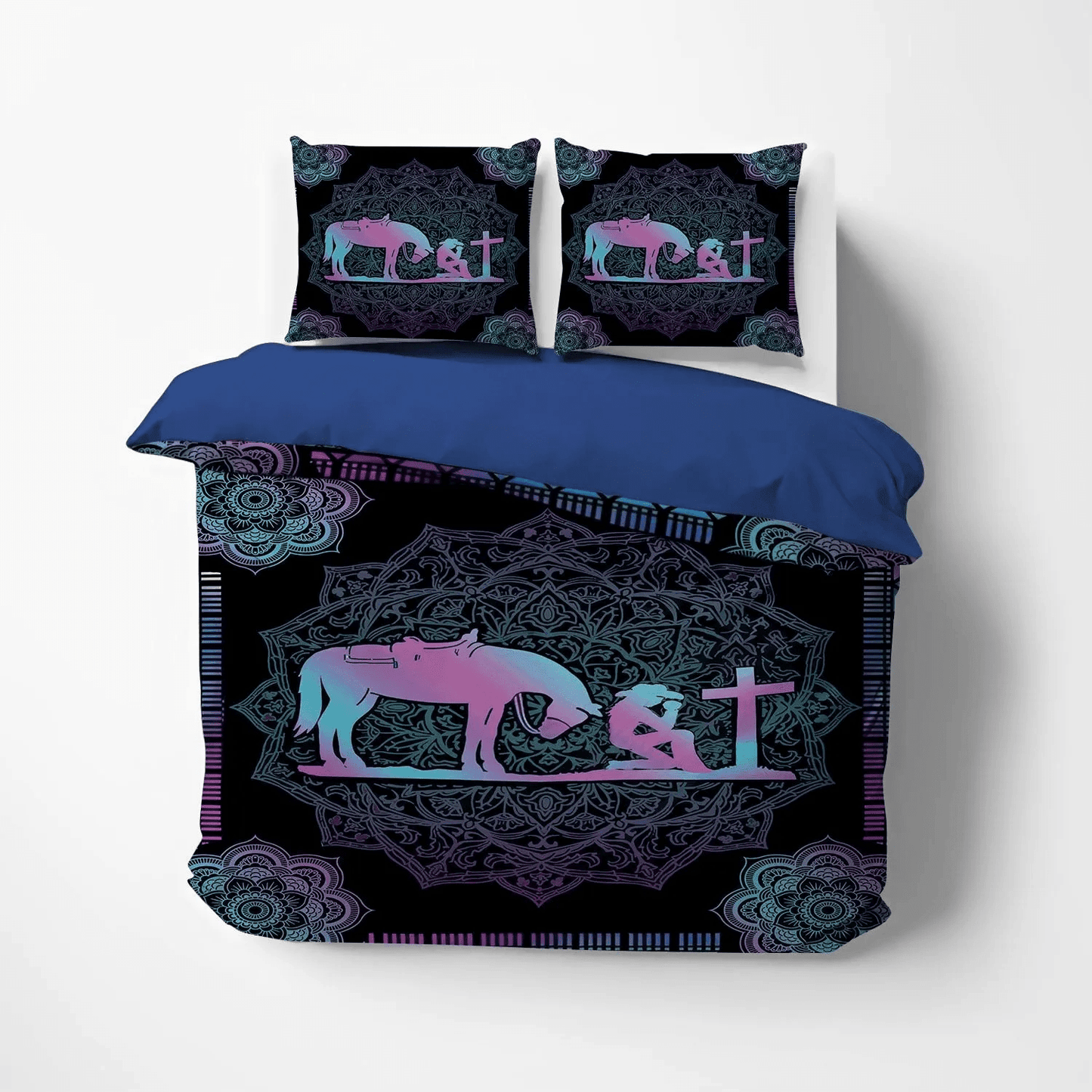 Cowgirl Soft Duvet Cover Set, Horse In Motion Queen Size Bedding Set, Cowgirl And Her Horse Kneeling At The Cross PTS Bedding Set, Gifts for Cowgirl