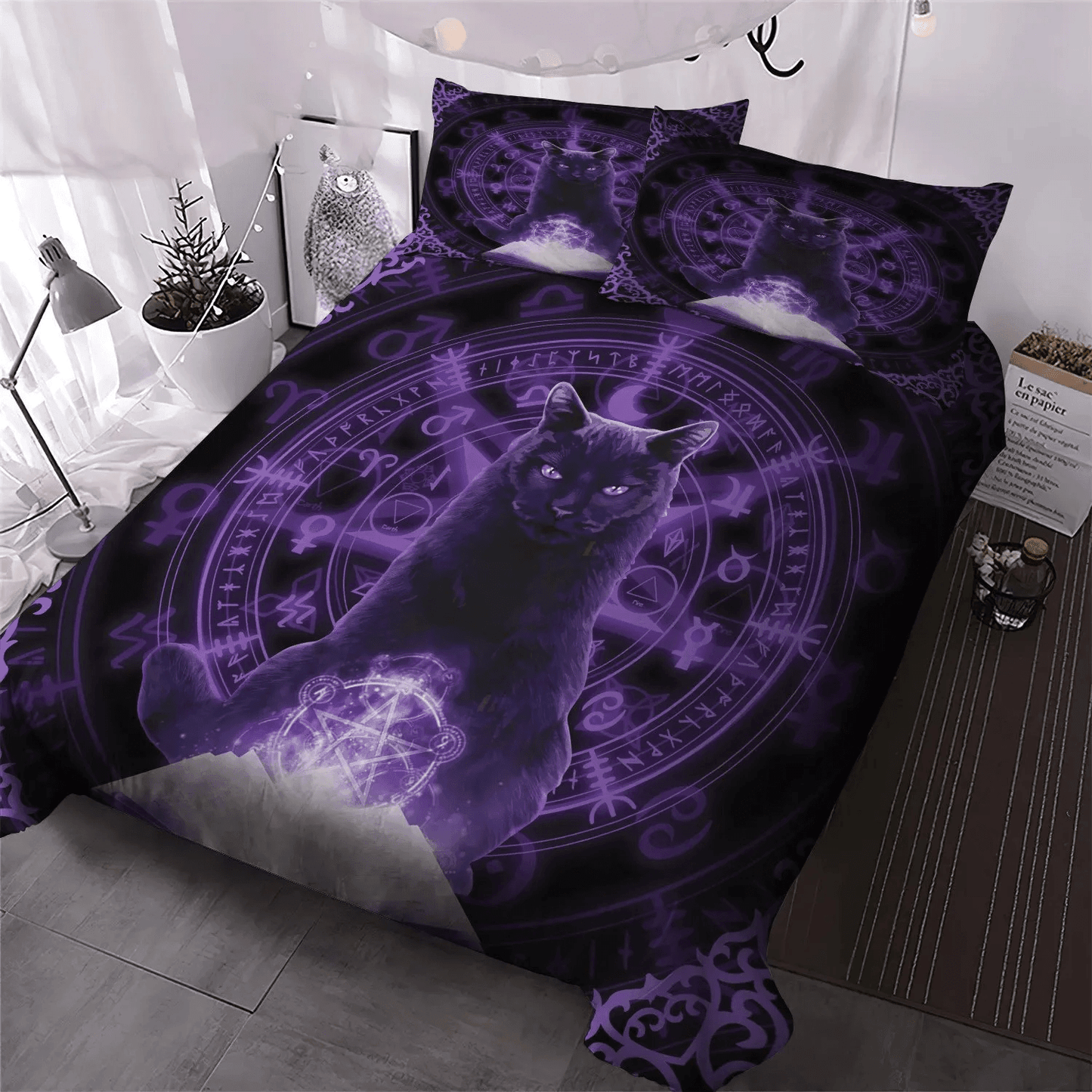 Black Cat Nsn Transparent Soft Duvet Cover Set, Black Cat King Size Bedding Set, Purple Wiccan Black Cat Bedding Set, Gifts for Black Cat