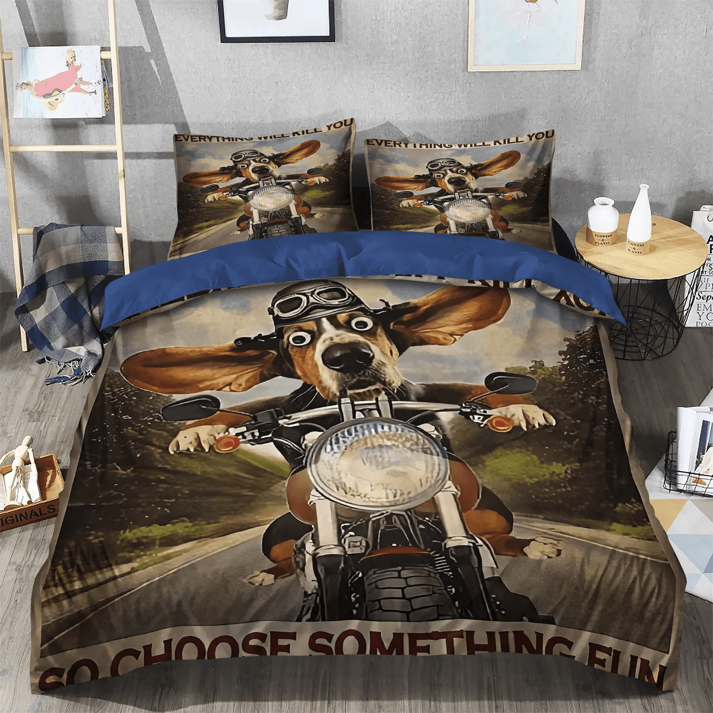 Cute Sleeping Chibi Dog Queen Size Bedding Set, Dog Bedding set, Couple Biker Soft Duvet Cover Set, Dog Biker Bedding Set, Gifts for Biker