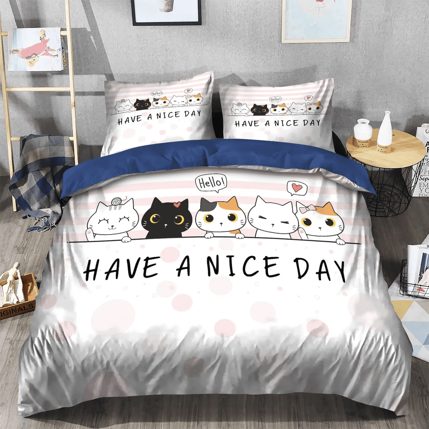 Cat Tracks Bedding set, Cat Soft Duvet Cover Set, Cat Paw Queen Size Bedding Set, Hello Have A Nice Day Cute Cats PTS Bedding Set, Gifts for Cat