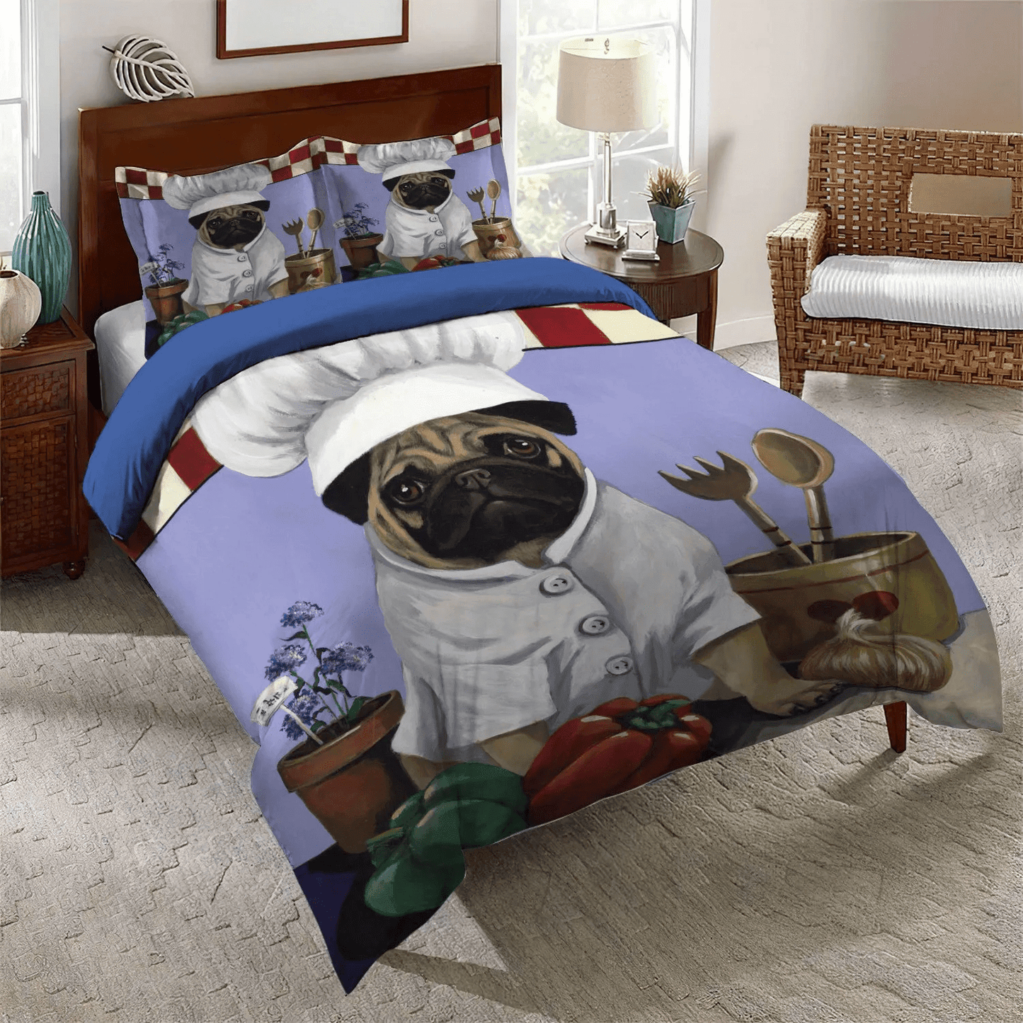 Cute Pug Soft Duvet Cover Set, Funny Pug Dog Bedding set, Sous Chef Thing Queen Size Bedding Set, Pug Chef Bedding Set, Gifts for Pug