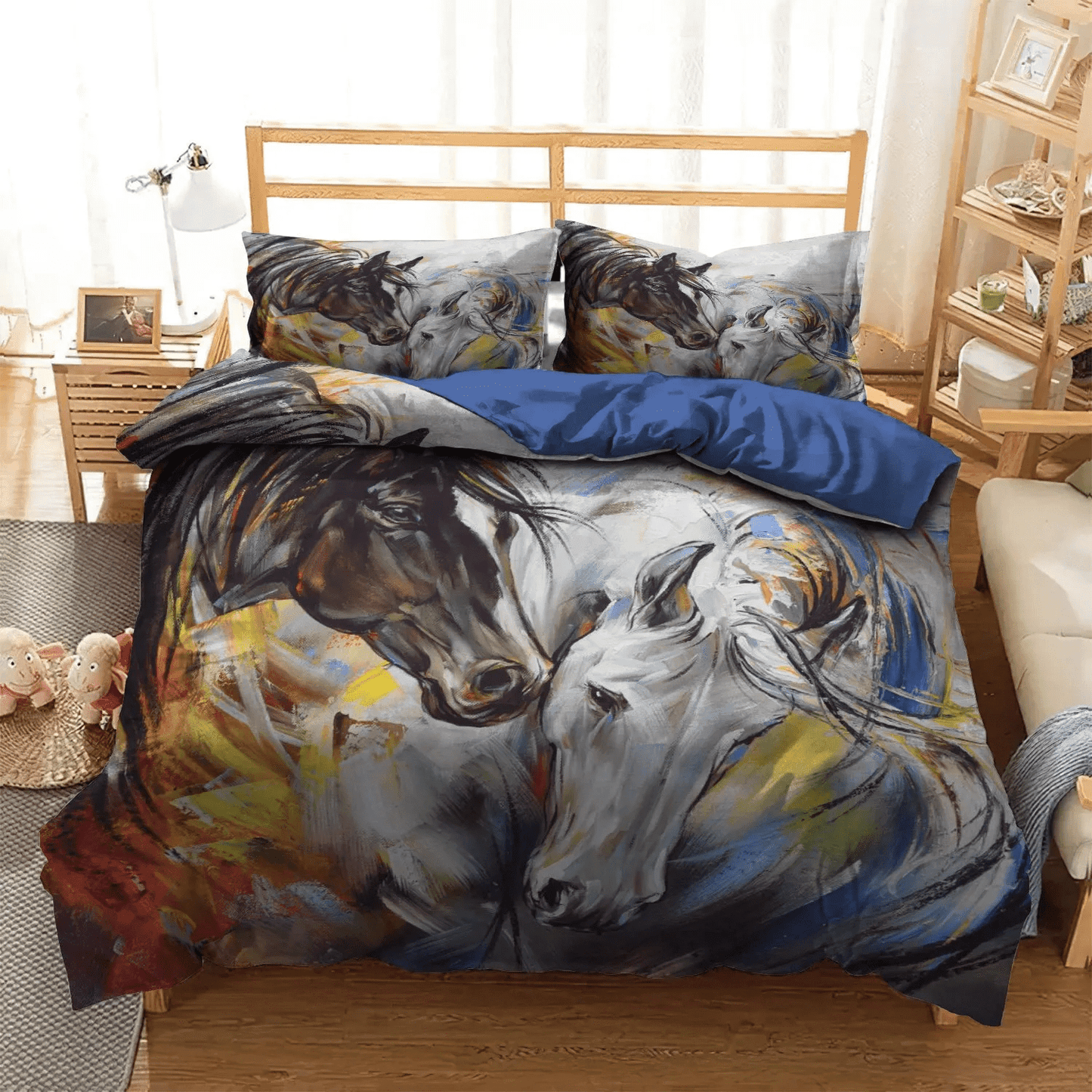 Galloping Horse Soft Duvet Cover Set, Abstract Art Bedding set, Couple Horse Art DKN Bedding Set, Gifts for Art