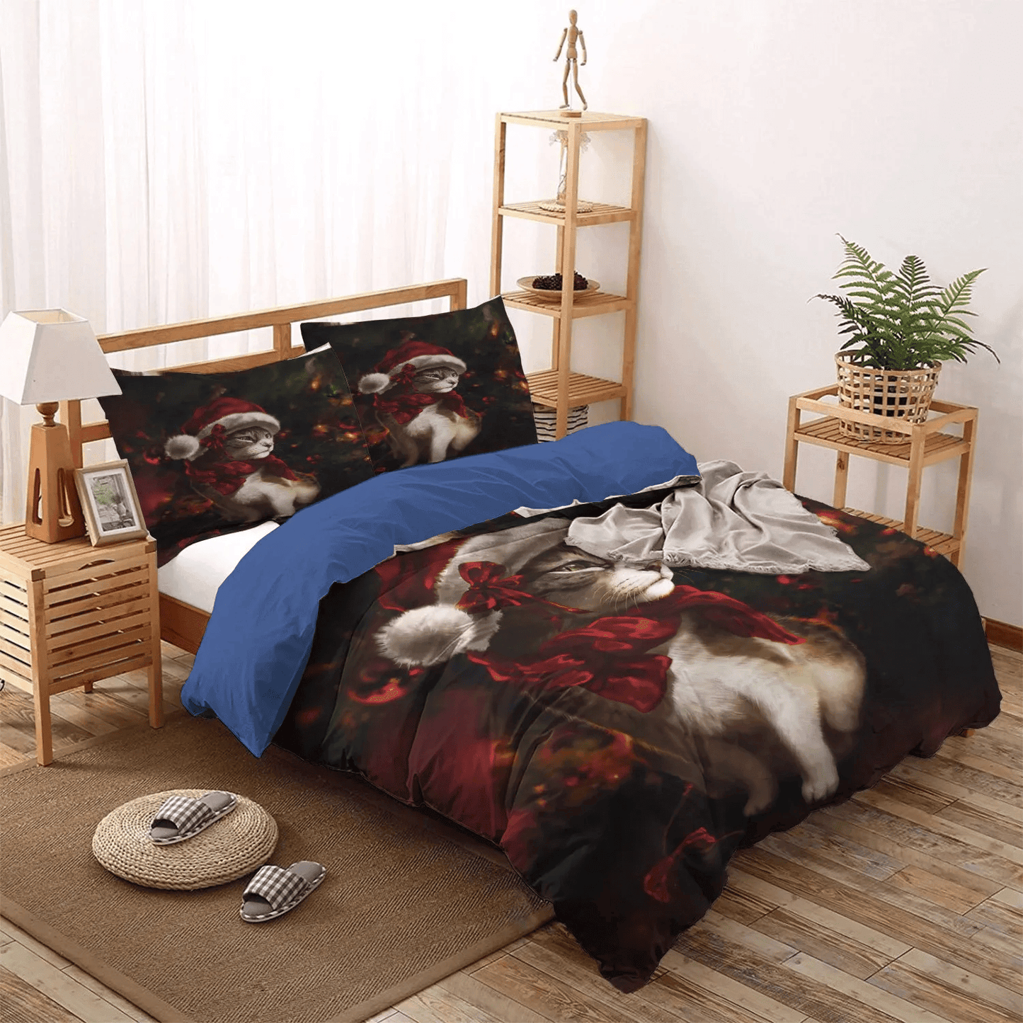 Christmas King Size Bedding Set, Merry Christmas Quotes Soft Duvet Cover Set, Christmas Cat DNT Bedding Set, Gifts for Cat