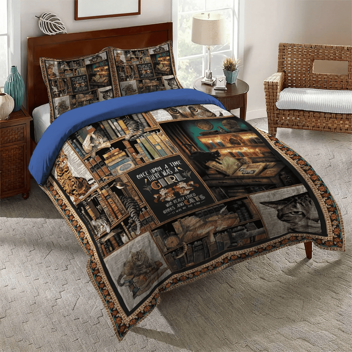 Cat Paw Soft Duvet Cover Set, Cat Bedding set, Cat Tracks Queen Size Bedding Set, Books And Cats Bedding Set, Gifts for Book