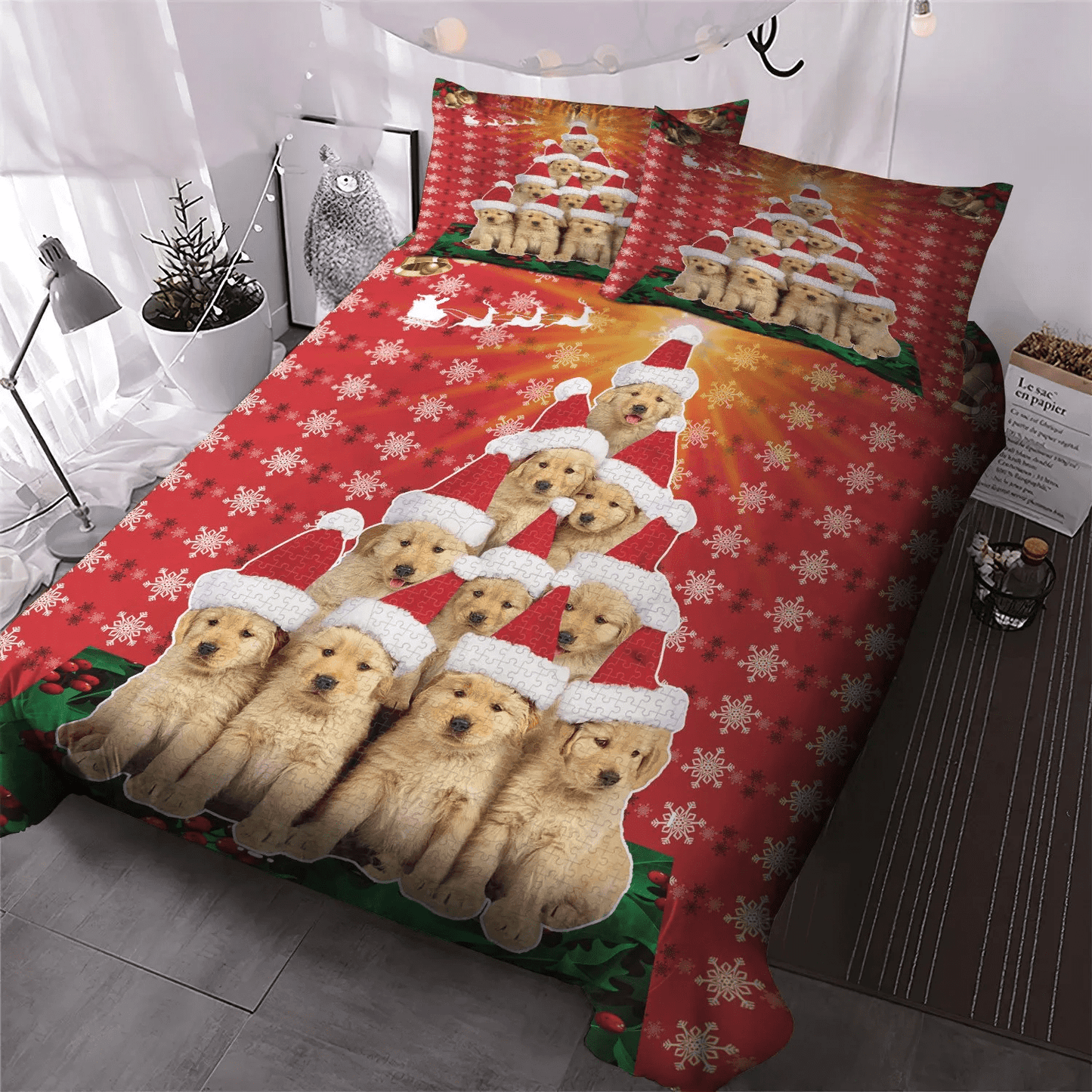 Personalized 3-piece Duvet Cover Bedding Set Cute Sleeping Chibi Dog Bedding set, Doggo Queen Size Bedding Set, Christmas Day Dog LTTL Bedding Set, Gifts for Dog