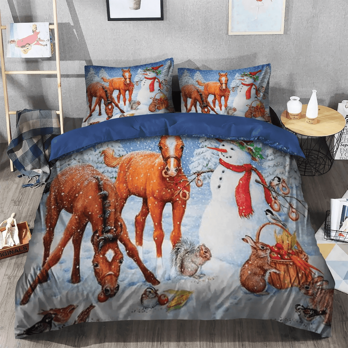 Galloping Horse King Size Bedding Set, Horse Soft Duvet Cover Set, Horse And Snowman Bedding Set, Gifts for Horse