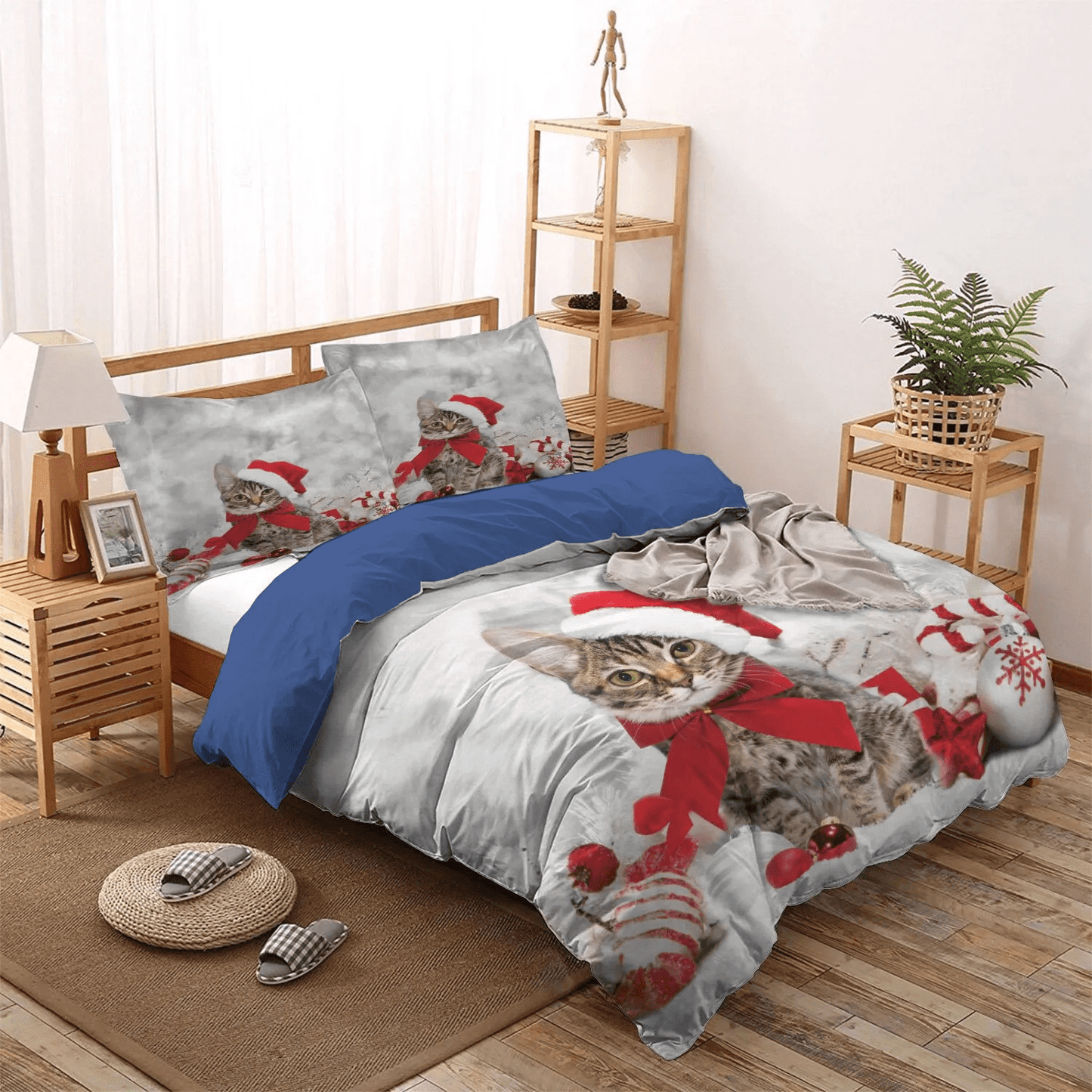 Cat Tracks King Size Bedding Set, Merry Christmas Quotes Soft Duvet Cover Set, Christmas Theme Christmas Cat Bedding Set, Gifts for Cat