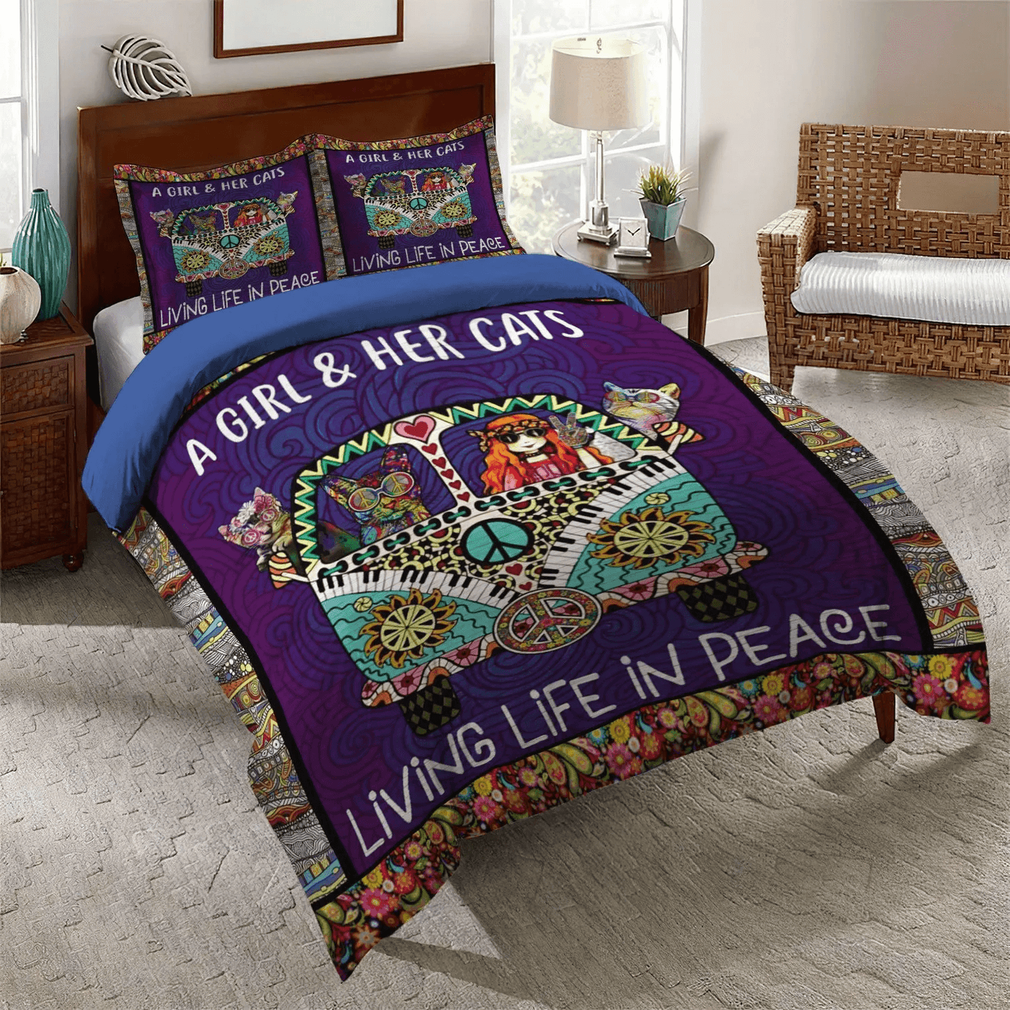 Cat Paw Soft Duvet Cover Set, Cat Queen Size Bedding Set, Cat Tracks Bedding set, A Girl And Her Cats Bedding Set, Gifts for Cat