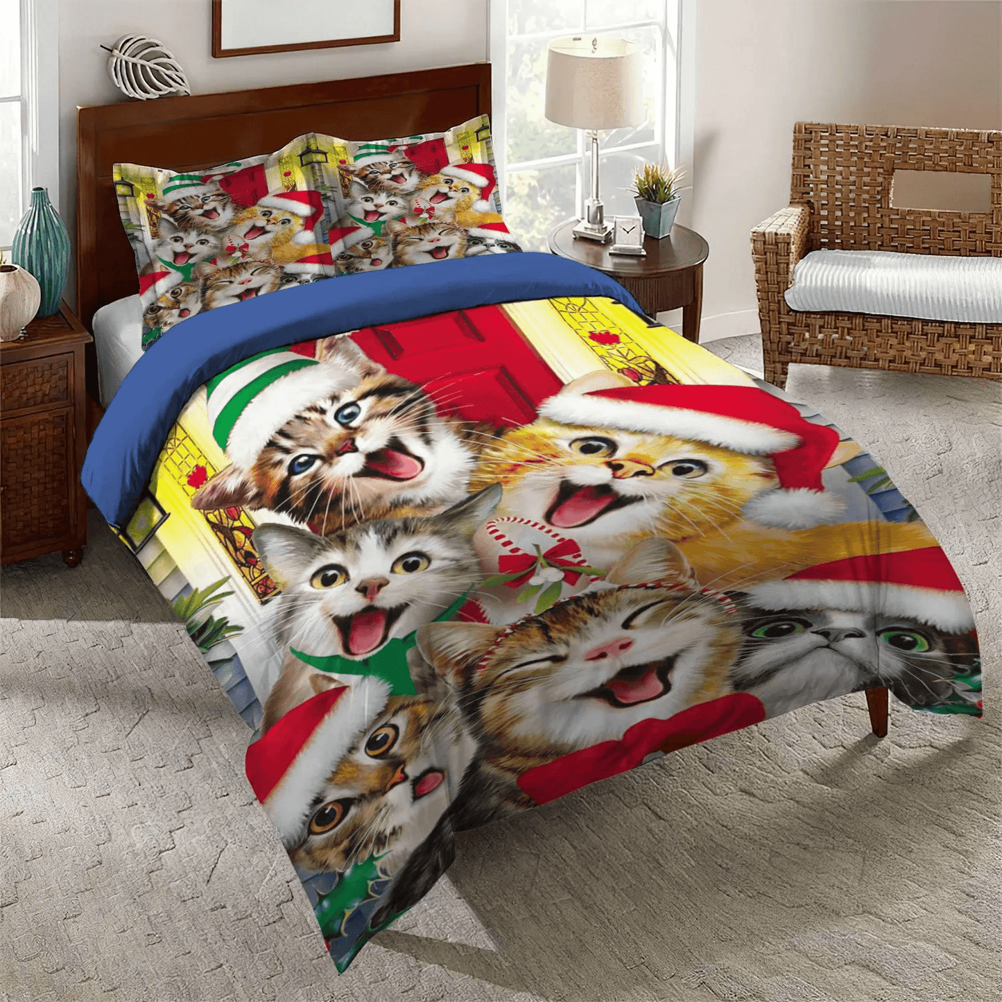 Christmas Penguin Queen Size Bedding Set, Merry Christmas Quotes Soft Duvet Cover Set, Christmas Cat Face Bedding Set, Gifts for Cat
