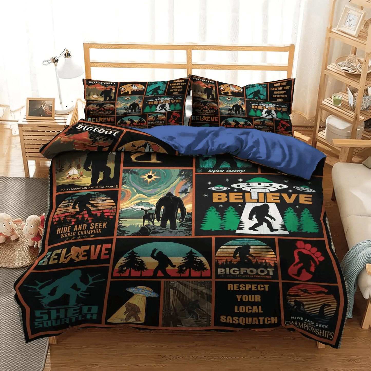 Camping Soft Duvet Cover Set, Family Camping Bedding set, Camping Matching Queen Size Bedding Set, Camping Big Foot Bedding Set, Gifts for Camping