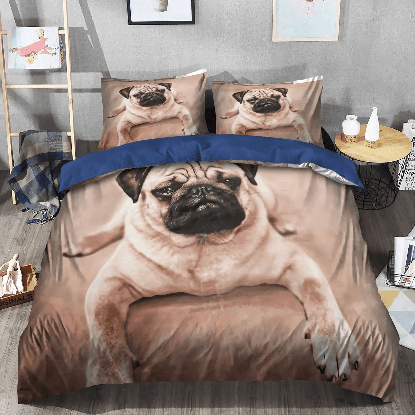 Cute Pug Bedding set, Cute Sleeping Chibi Dog Soft Duvet Cover Set, Funny Pug Dog Queen Size Bedding Set, A Pug Dog Bedding Set, Gifts for Pug