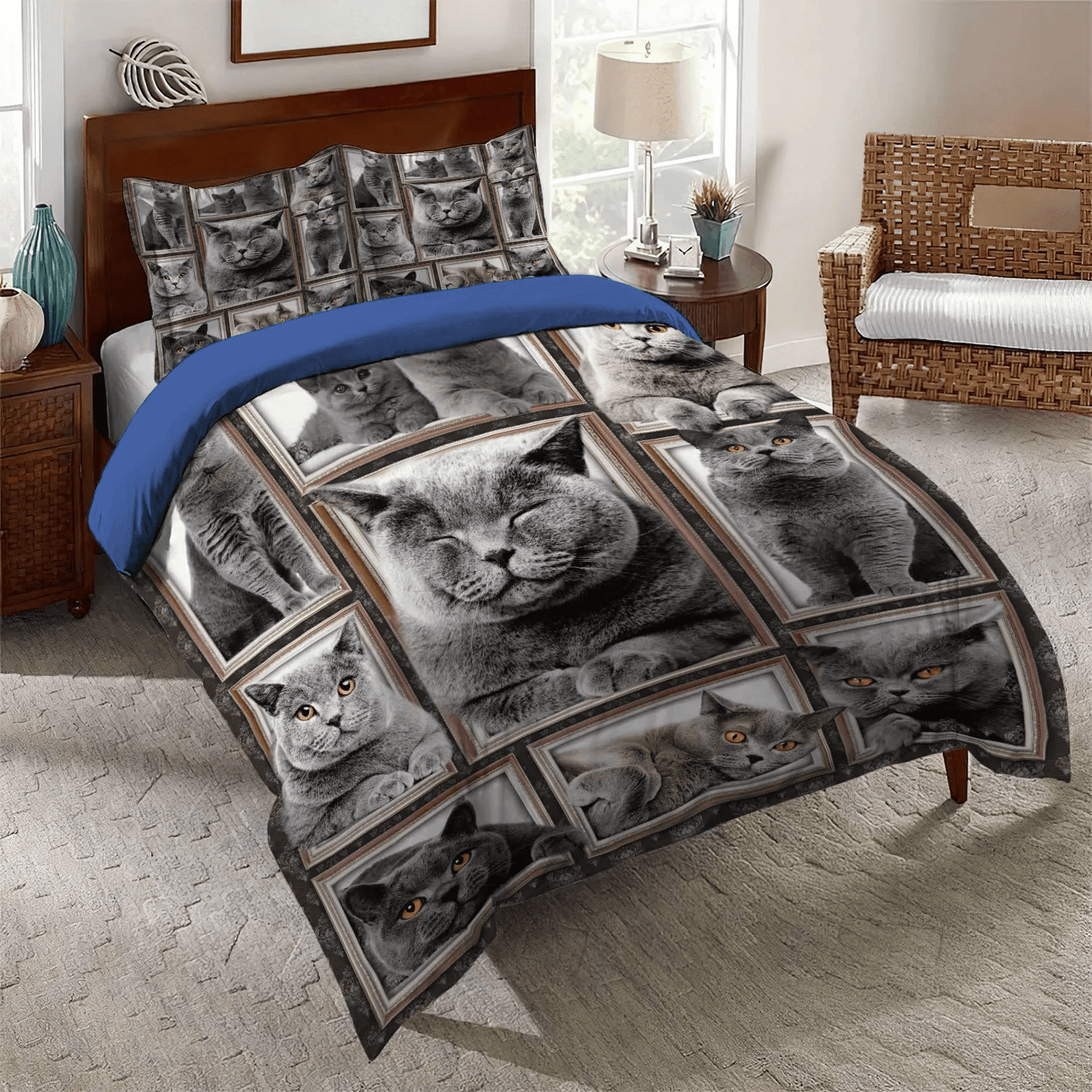 Cat Cartoon Soft Duvet Cover Set, Cat Queen Size Bedding Set, British Shorthair Cat Bedding Set, Gifts for Cat