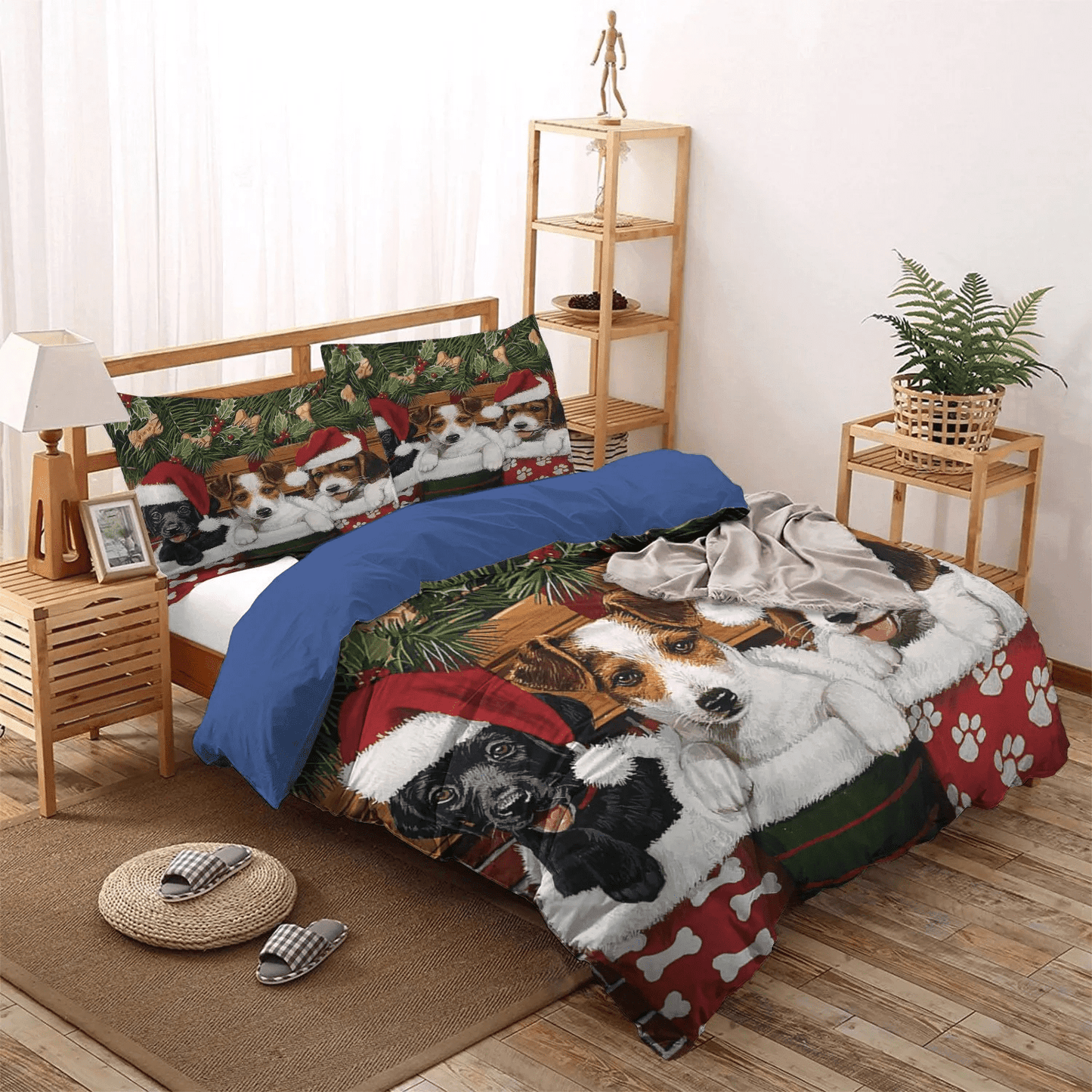 Personalized 3-piece Duvet Cover Bedding Set Cute Sleeping Chibi Dog King Size Bedding Set, Christmas Bedding set, Dog Christmas Bedding Set, Gifts for Dog
