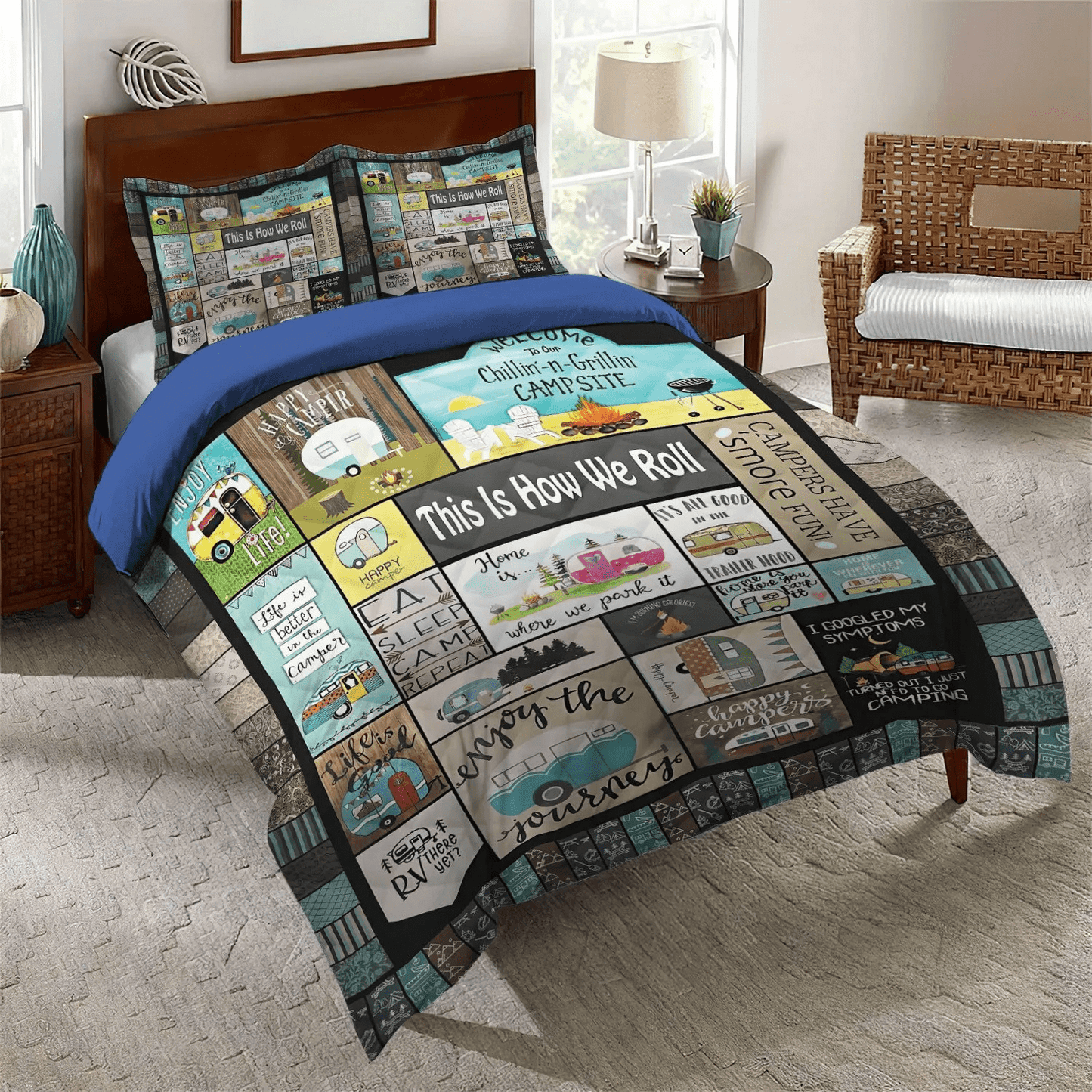 Camping Soft Duvet Cover Set, Family Camping King Size Bedding Set, Camping Enjoy The Journey Bedding Set, Gifts for Journey