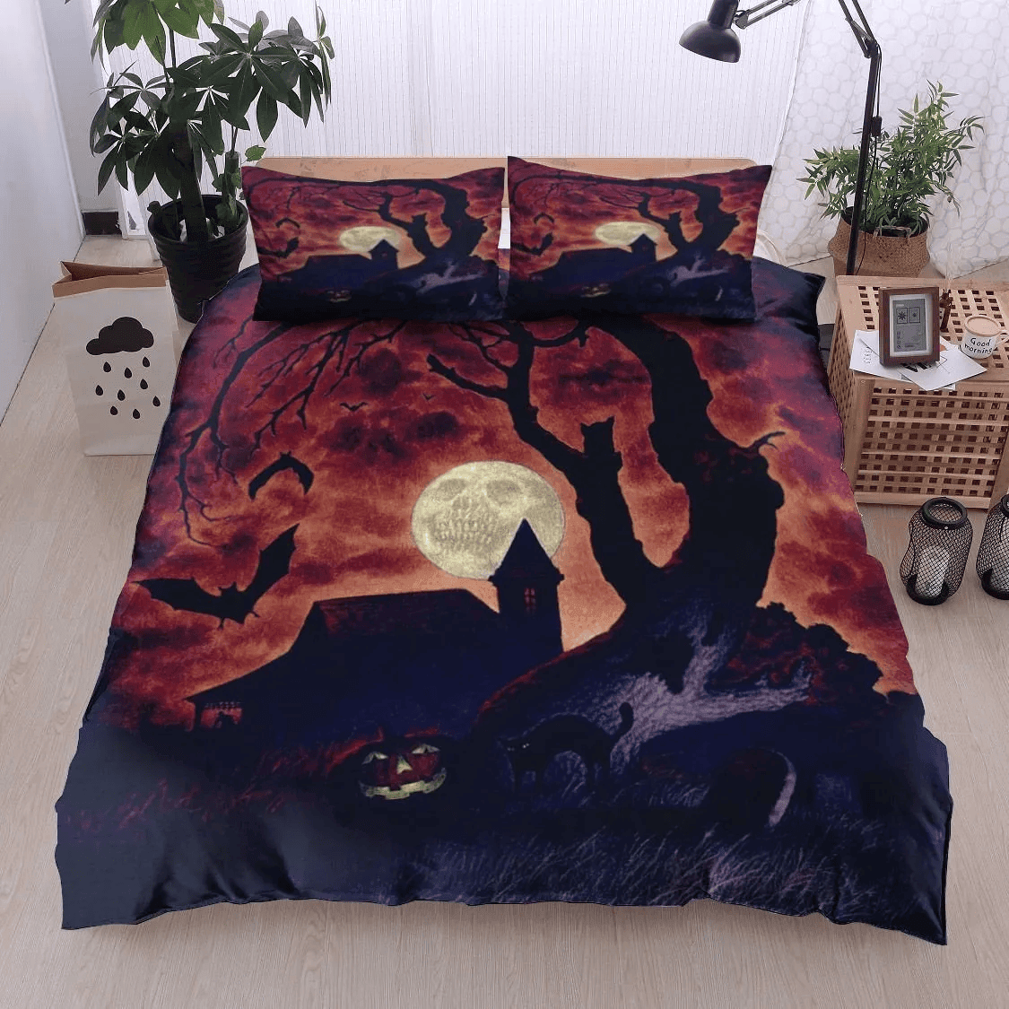 Personalized 3-piece Duvet Cover Bedding Set Halloween Tree Bat Pumpkin Cat Skull Moon Bedding Set