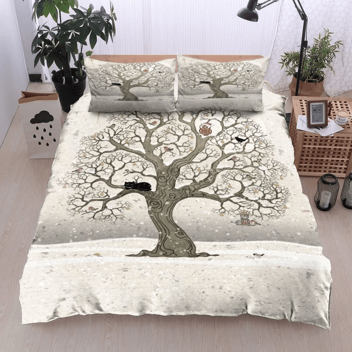 Personalized 3-piece Duvet Cover Bedding Set Christmas Tree Black Cat Owl Bird Snow Bedding Set