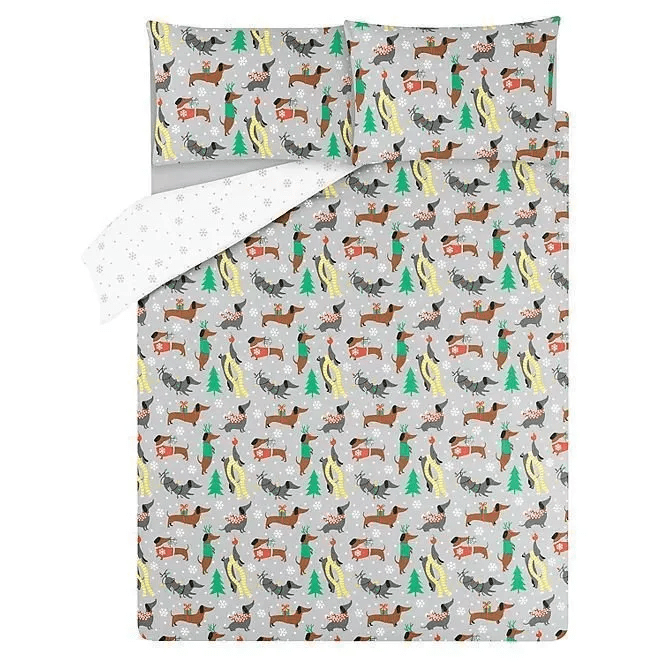 Personalized 3-piece Duvet Cover Bedding Set Grey Christmas Sausage Dog Bedding Set