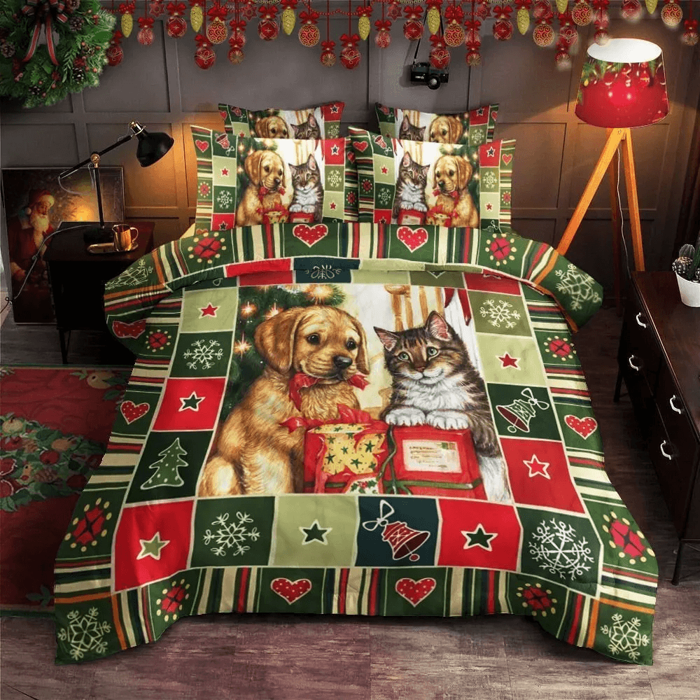 Personalized 3-piece Duvet Cover Bedding Set Christmas Cat And Dog Bedding Set