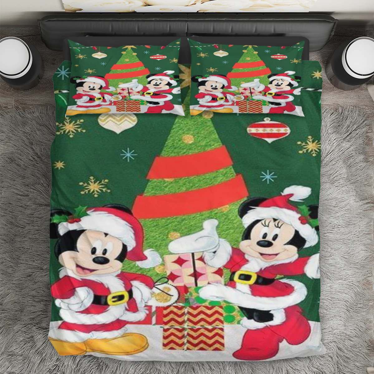 Disney Mickey Mouse Christmas Mickey And Minnie Green 3 3PCS Bedding Set Duvet Cover And Pillow Cases Gift For Fan