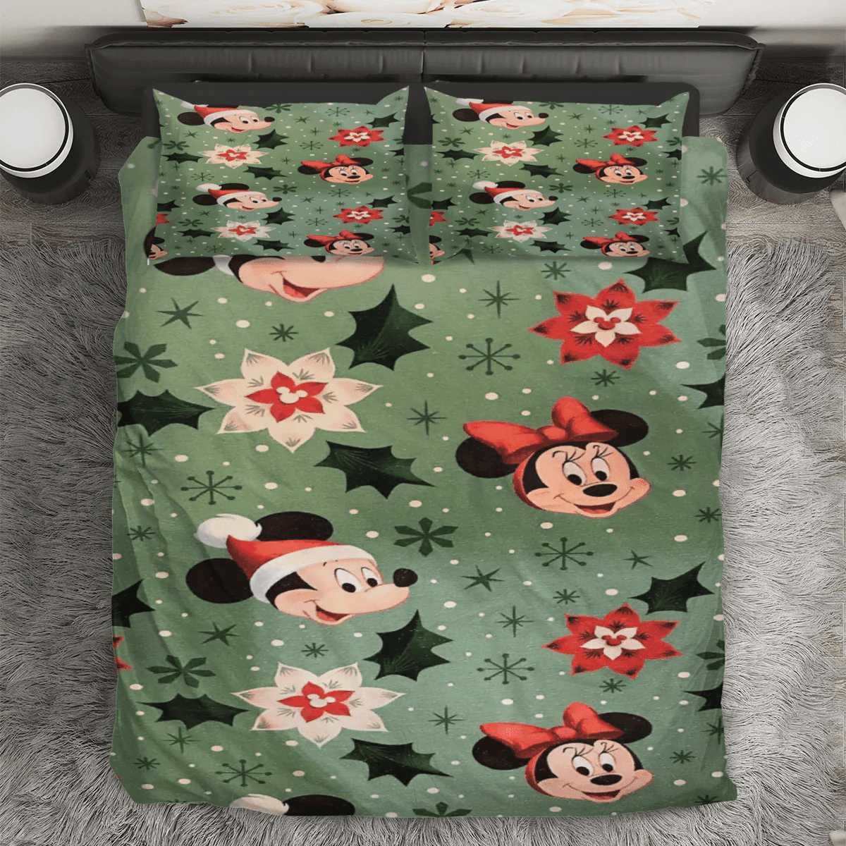 Disney Mickey Mouse Christmas Mickey And Minnie Green 1 3PCS Bedding Set Duvet Cover And Pillow Cases Gift For Fan