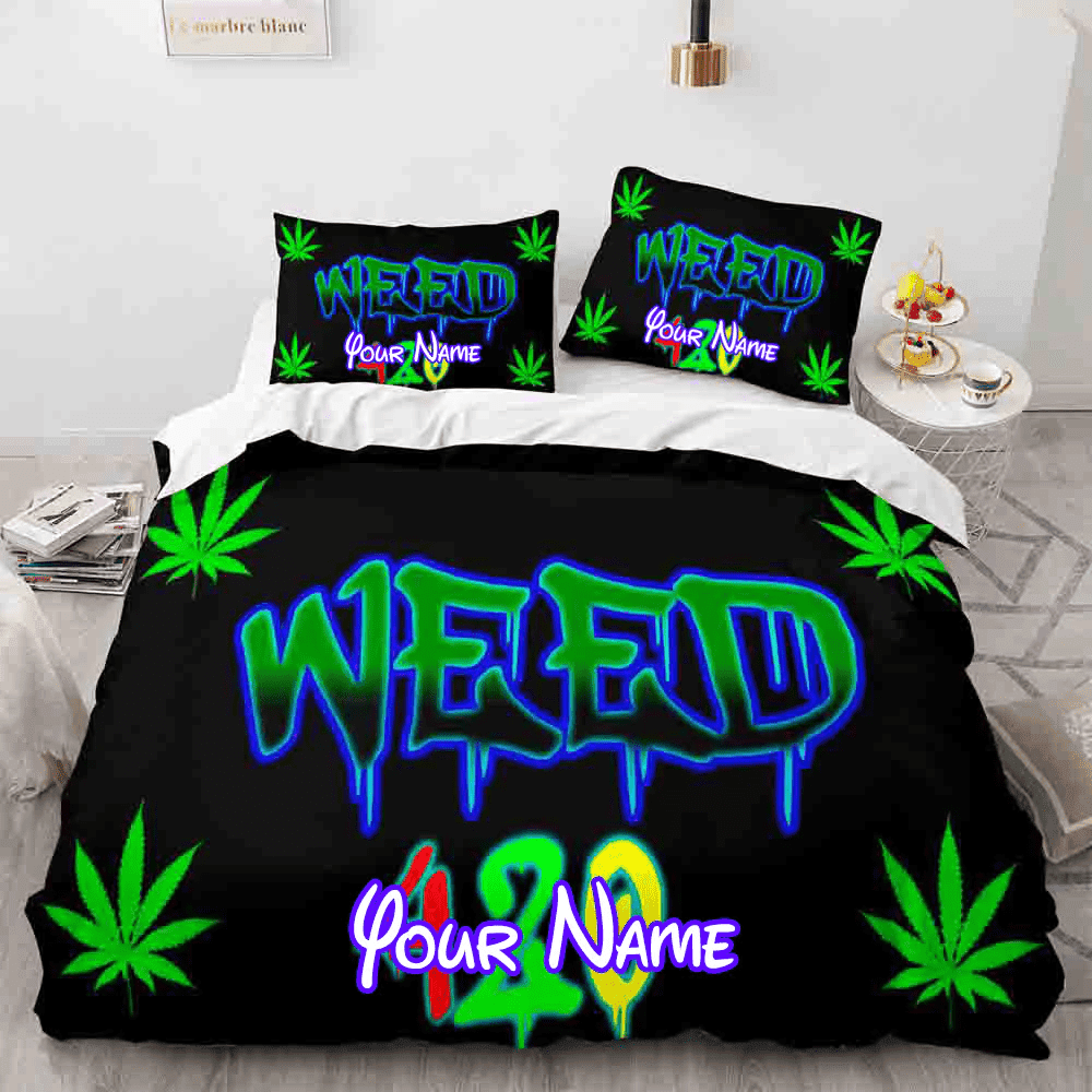 420 weed plant 3 Piece Comforter Personalized Name Bedding Sets Duvet Cover Bed Sheets_3812
