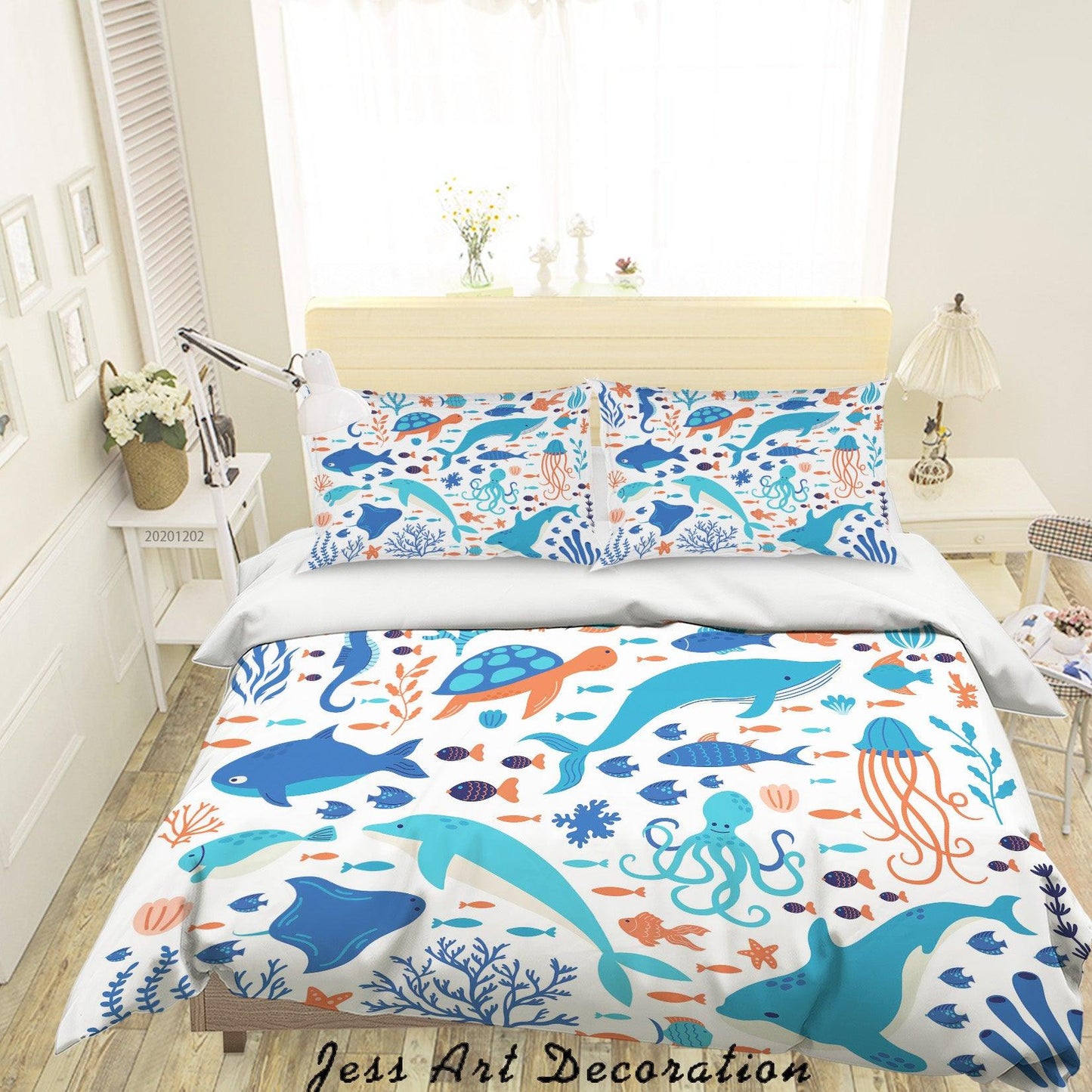 3D Cartoon Colorful Ocean Dolphin Octopus Whale Fish Seaweed Quilt Cover Set Bedding Set Duvet Cover Pillowcases LXL