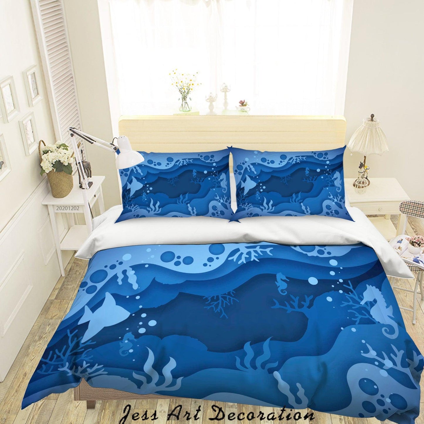3D Cartoon Hand Drawn Blue Ocean Fish Bubble Seaweed Quilt Cover Set Bedding Set Duvet Cover Pillowcases LXL