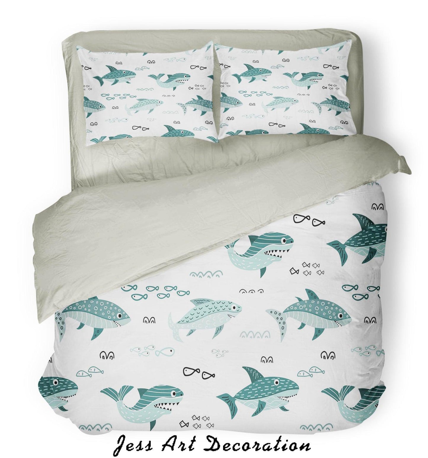 3D Cartoon Green Shark Quilt Cover Set Bedding Set Pillowcases 7