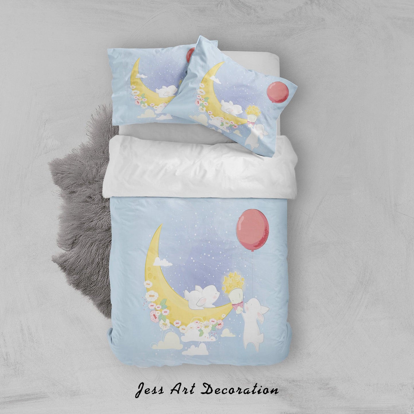 3D Blue Moon Star Floral Balloon Rabbit Quilt Cover Set Bedding Set Duvet Cover Pillowcases SF88