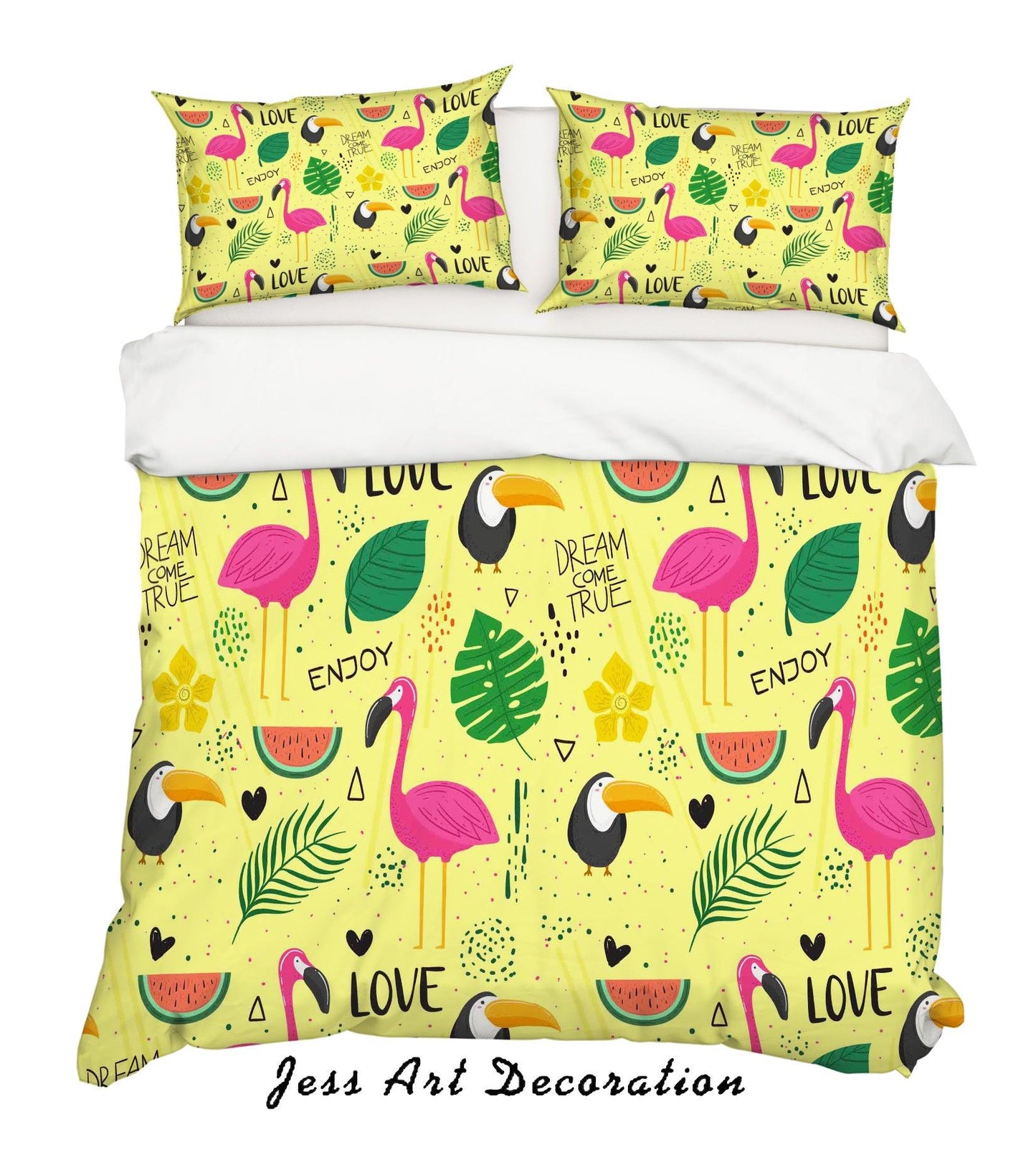 3D Cartoon Flamingo Watermelon Yellow Quilt Cover Set Bedding Set Pillowcases 4