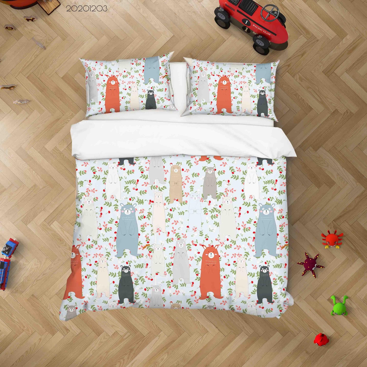 3D Cartoon Hand Drawn Colorful Bear Animal Floral Plant Pattern Quilt Cover Set Bedding Set Duvet Cover Pillowcases LXL