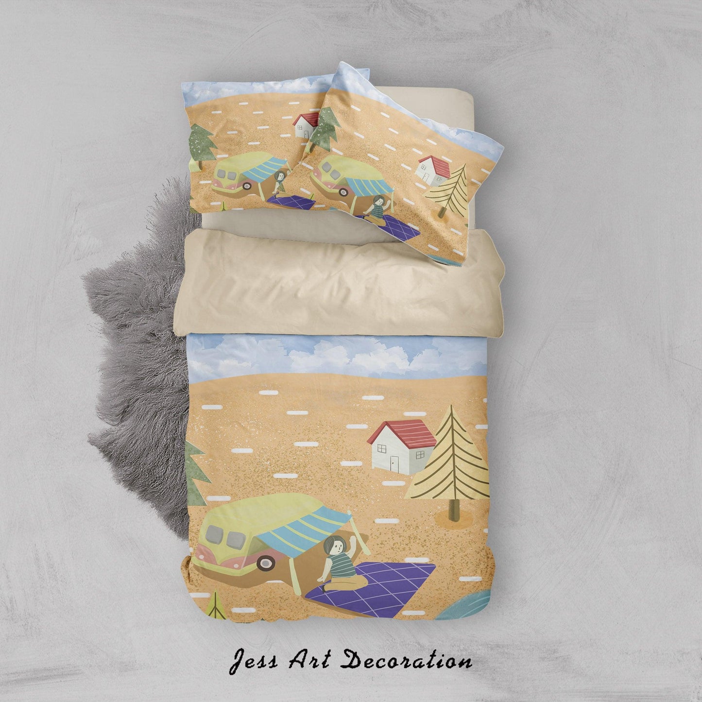3D Cartoon Beach House Car Picnic Quilt Cover Set Bedding Set Duvet Cover Pillowcases A391 LQH