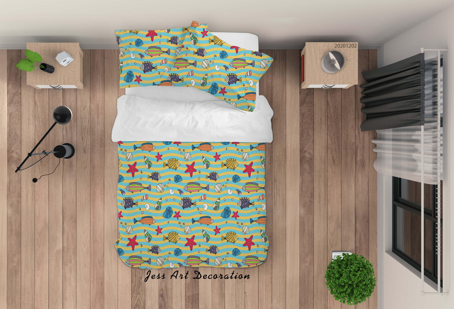 3D Cartoon Ocean Colorful Fish Shell Starfish Conch Pattern Green Quilt Cover Set Bedding Set Duvet Cover Pillowcases LXL