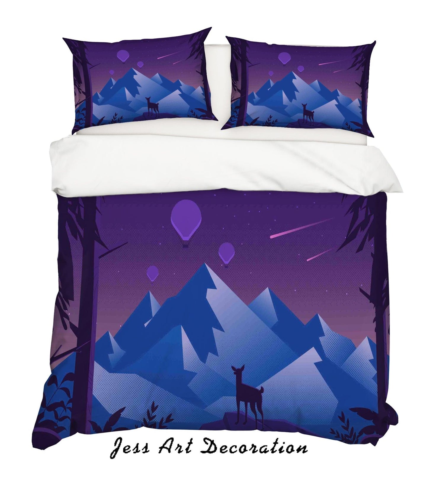 3D Blue Purple Mountains Trees Hot Air Balloon Meteor Deer Quilt Cover Set Bedding Set Pillowcases 26