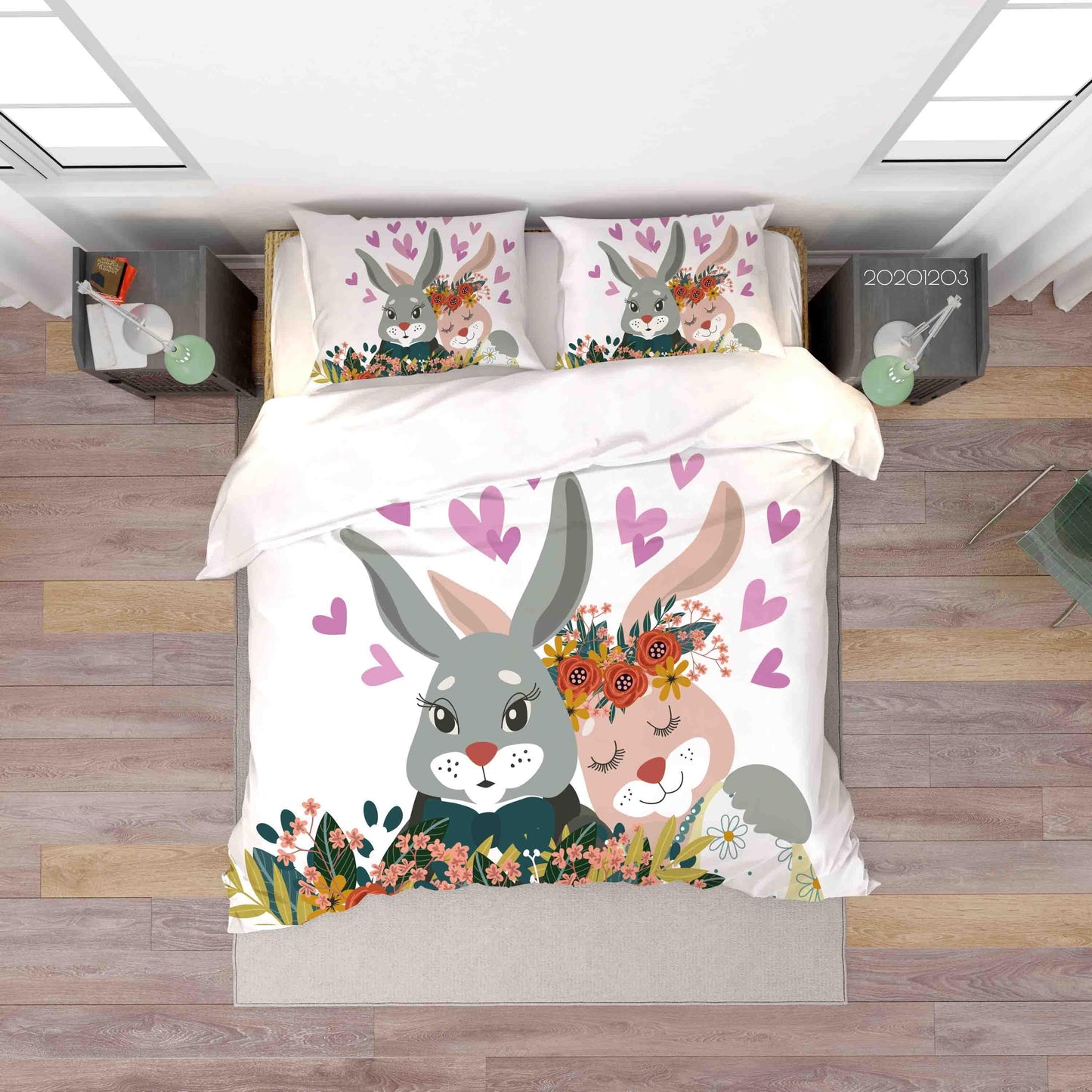 3D Cartoon Hand Drawn Bunny Couple Animal Floral Plant Heart Quilt Cover Set Bedding Set Duvet Cover Pillowcases LXL